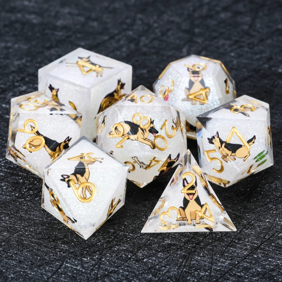 Kickstarter Dice – Handmade Sharp-Edged White Glitter Resin German Shepherd DND Dice Set | Bear Dice
