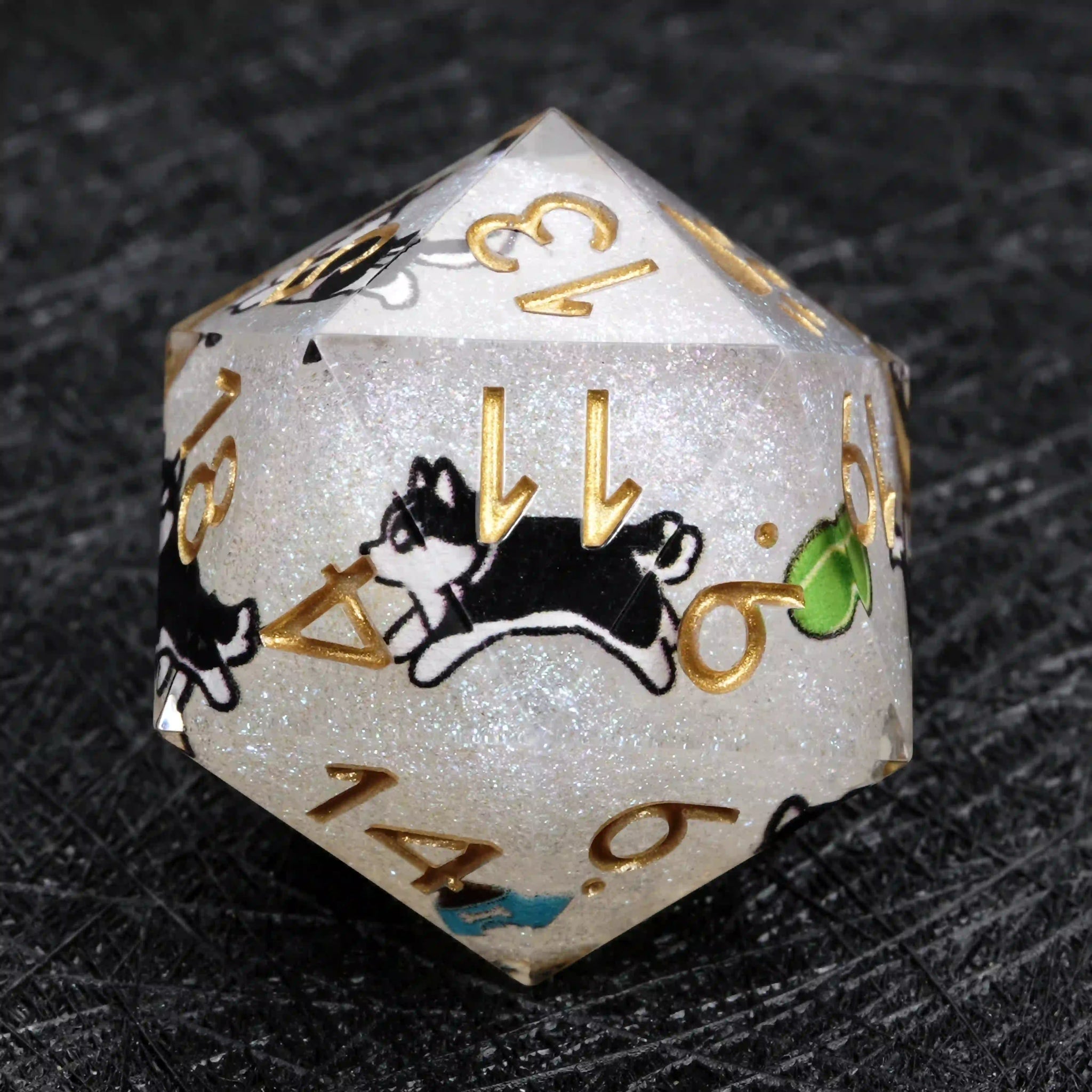 Kickstarter Dice – White Glitter Resin Husky DND D20 Dice with Gold Numbers | Bear Dice