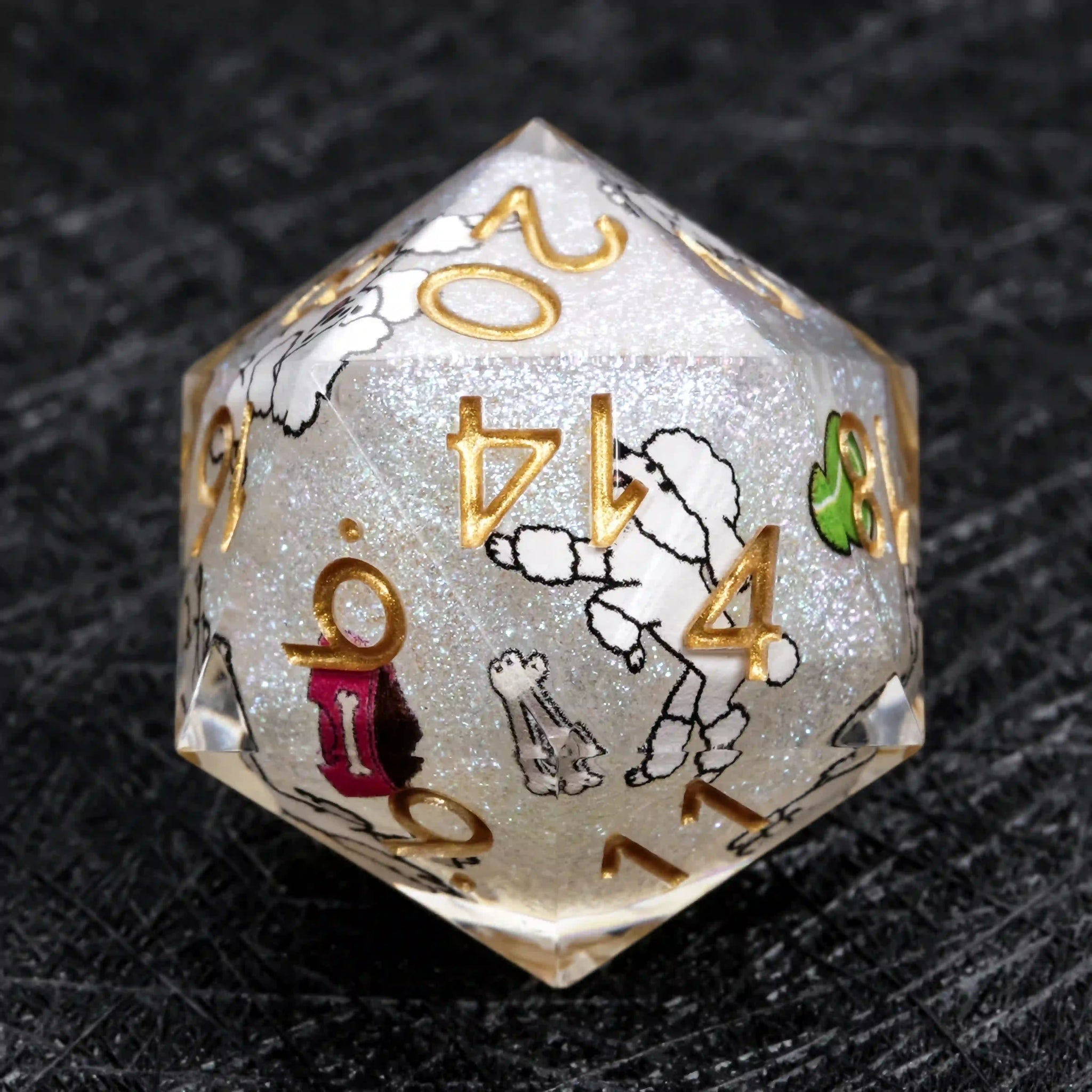 Kickstarter Dice – White Glitter Resin Poodle DND D20 Dice with Gold Numbers | Bear Dice
