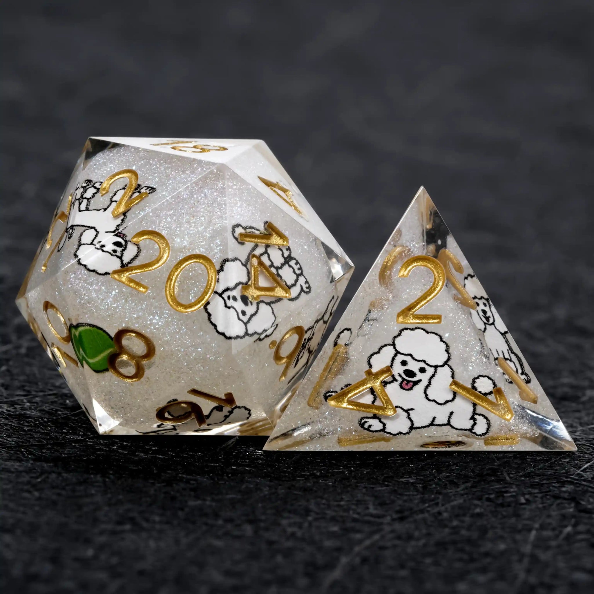Kickstarter Dice – White Glitter Resin Poodle DND D20 and D4 Dice | Bear Dice