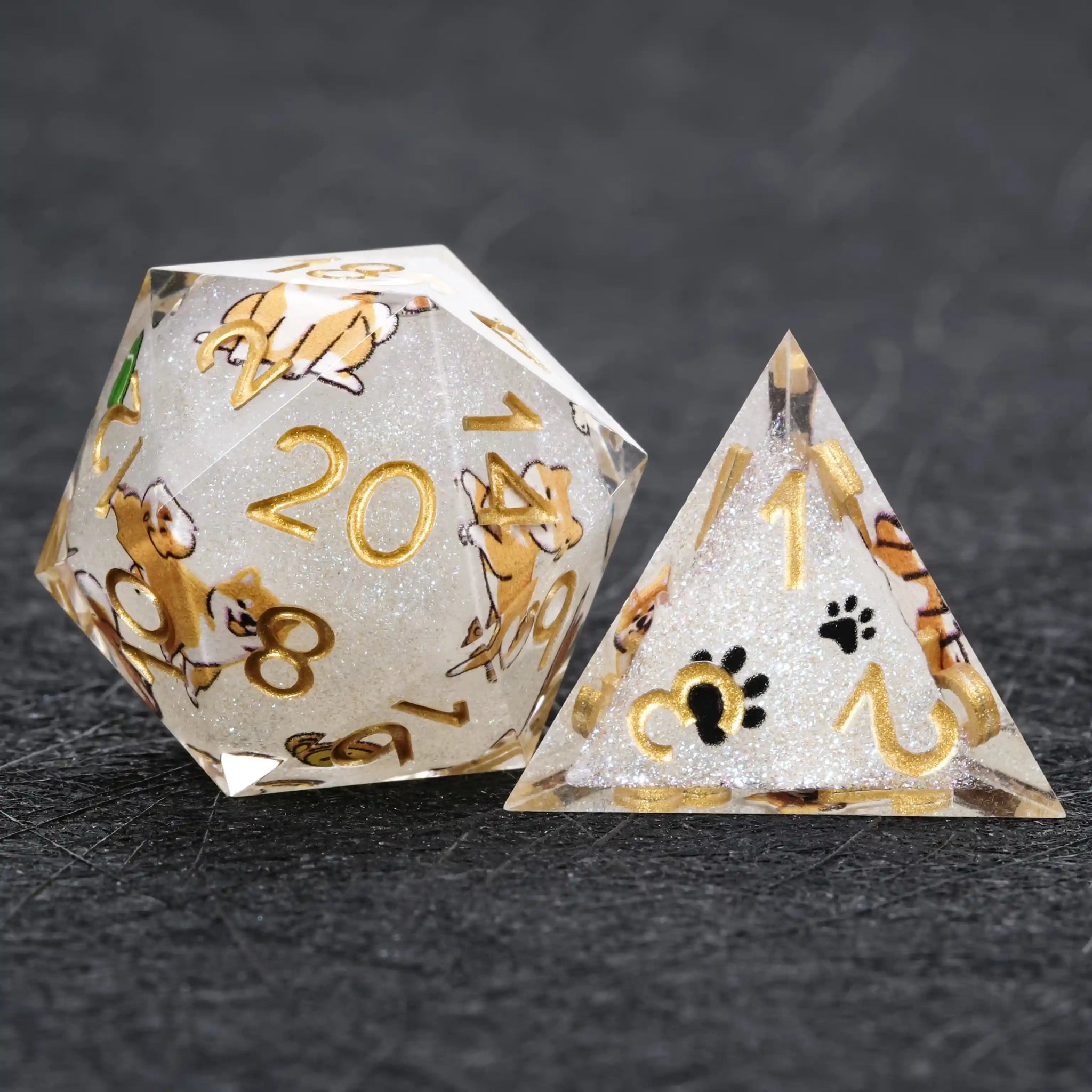 Kickstarter Dice – White Glitter Resin Shiba Inu DND D20 and D4 Dice | Bear Dice