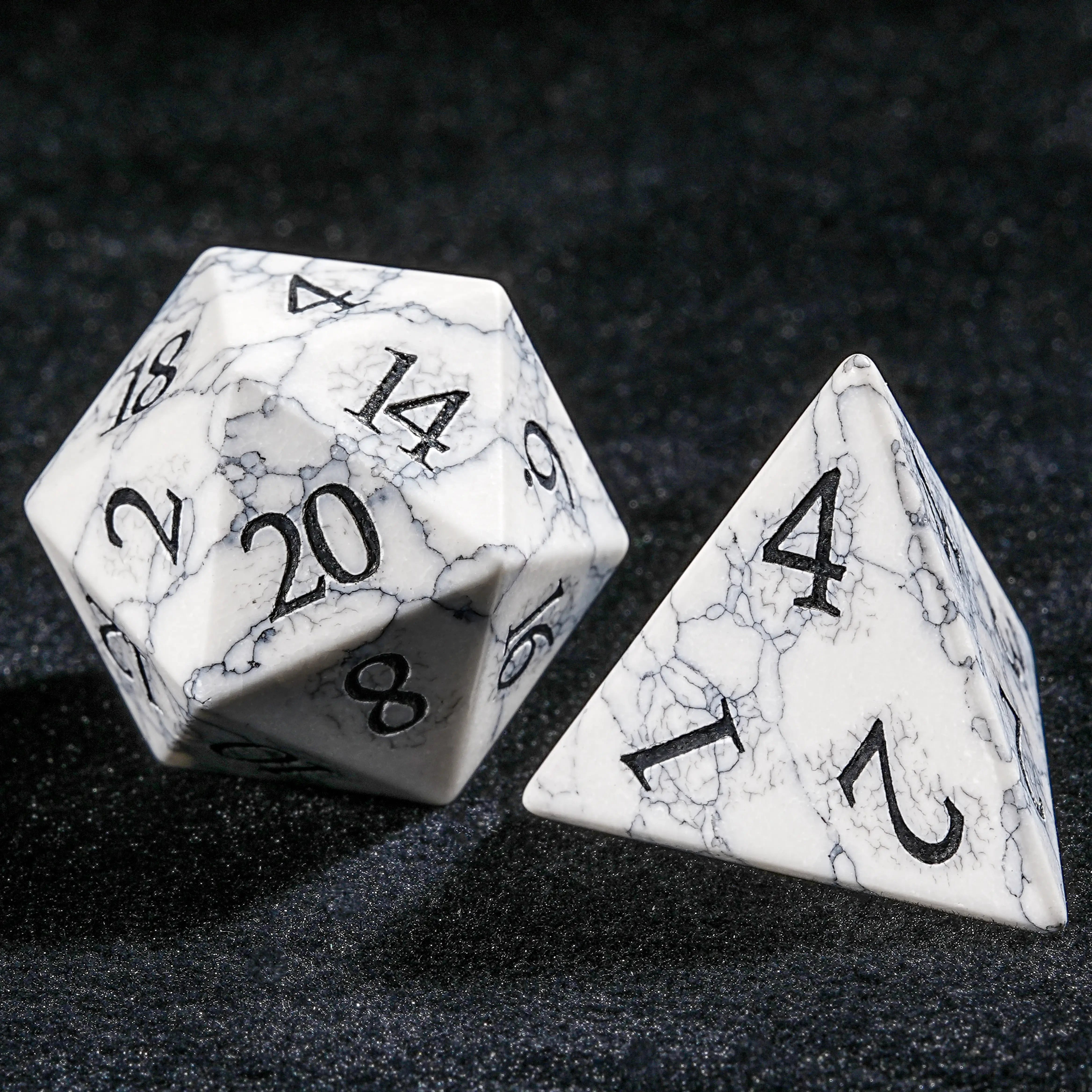White Turquoise (Howlite) Gemstone Dice Set with Black Veining & Numbers