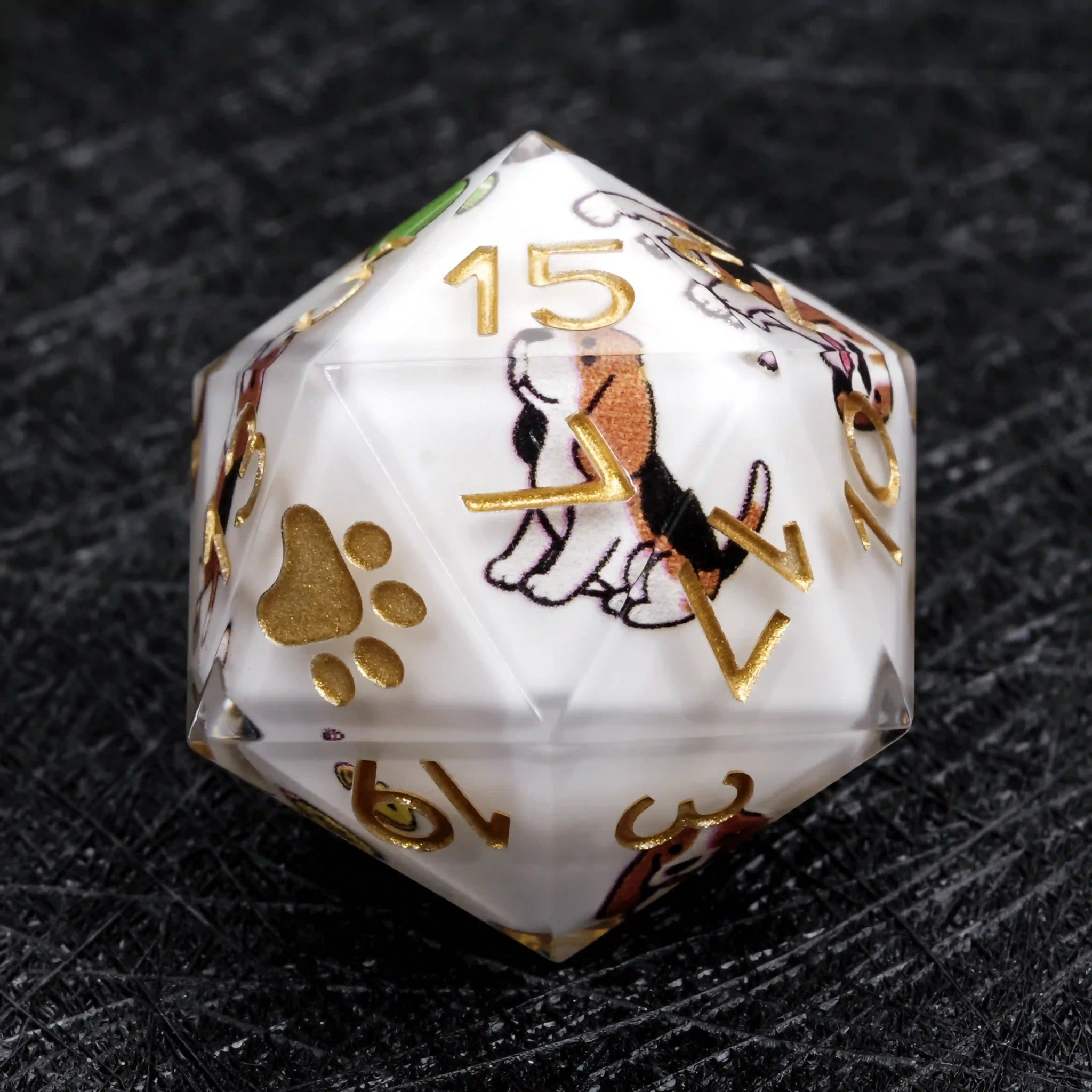 Kickstarter Dice – White Resin Beagle DND D20 Dice with Gold Numbers | Bear Dice