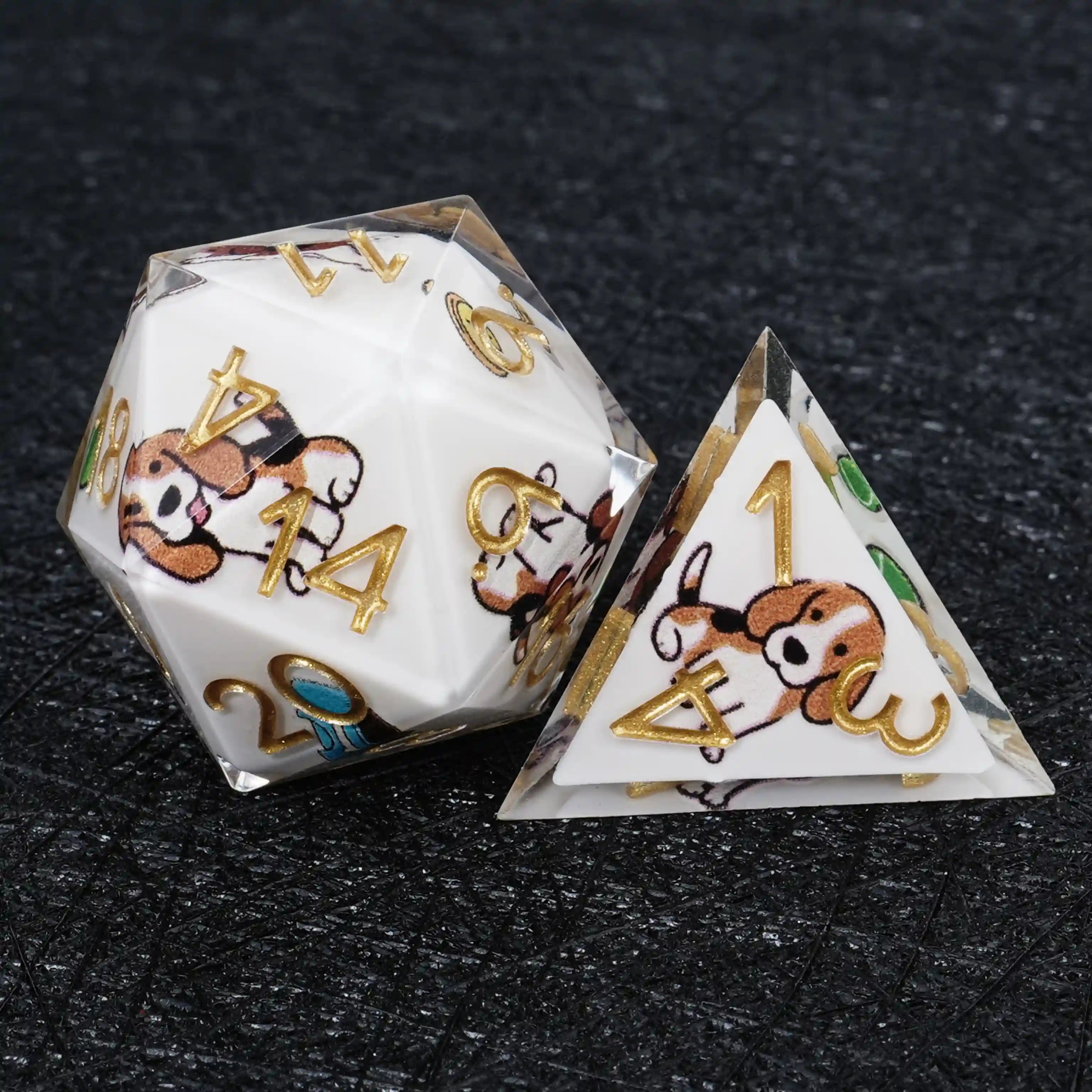 Kickstarter Dice – White Resin Beagle DND D20 and D4 Dice | Bear Dice