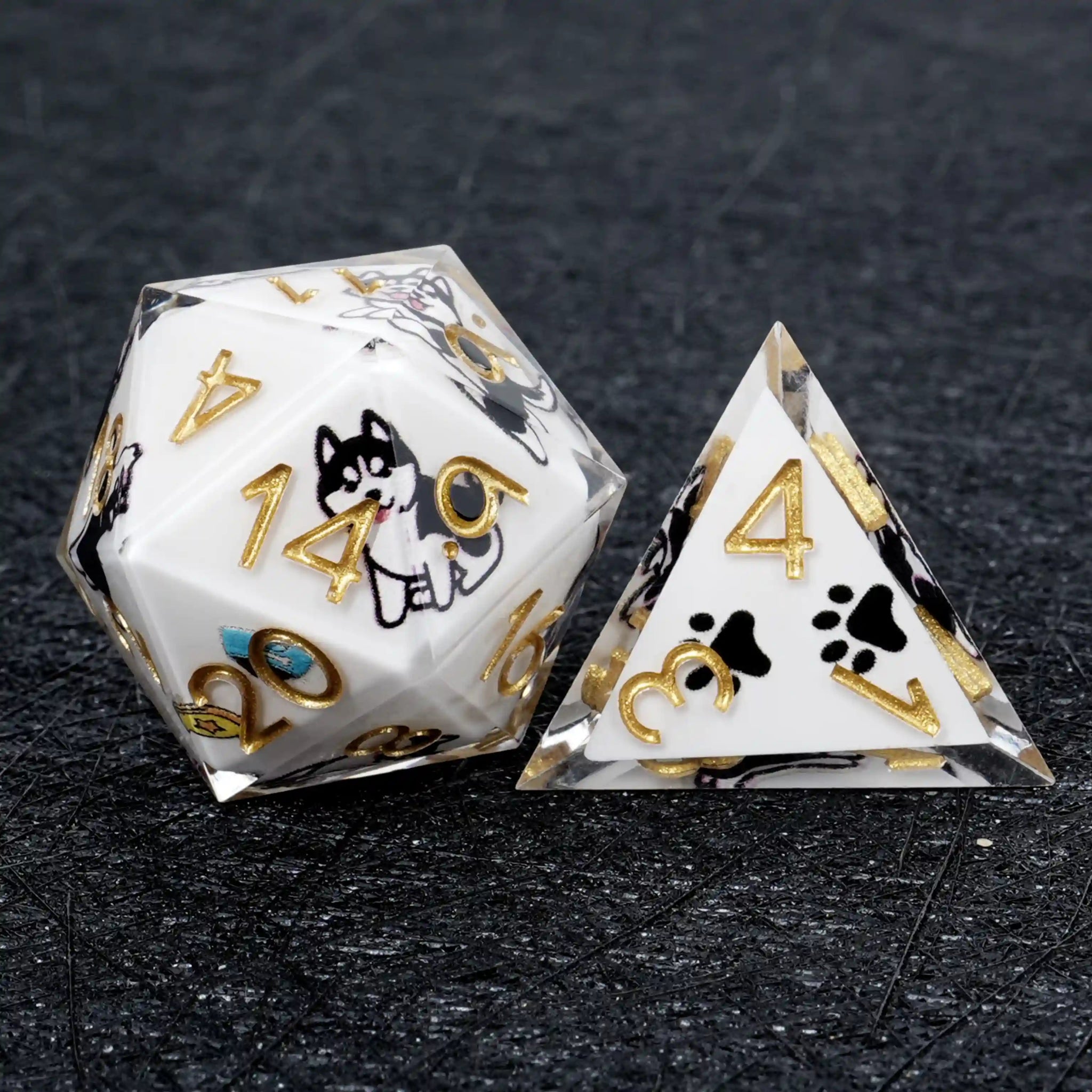 Kickstarter Dice – White Resin Husky DND D20 and D4 Dice | Bear Dice