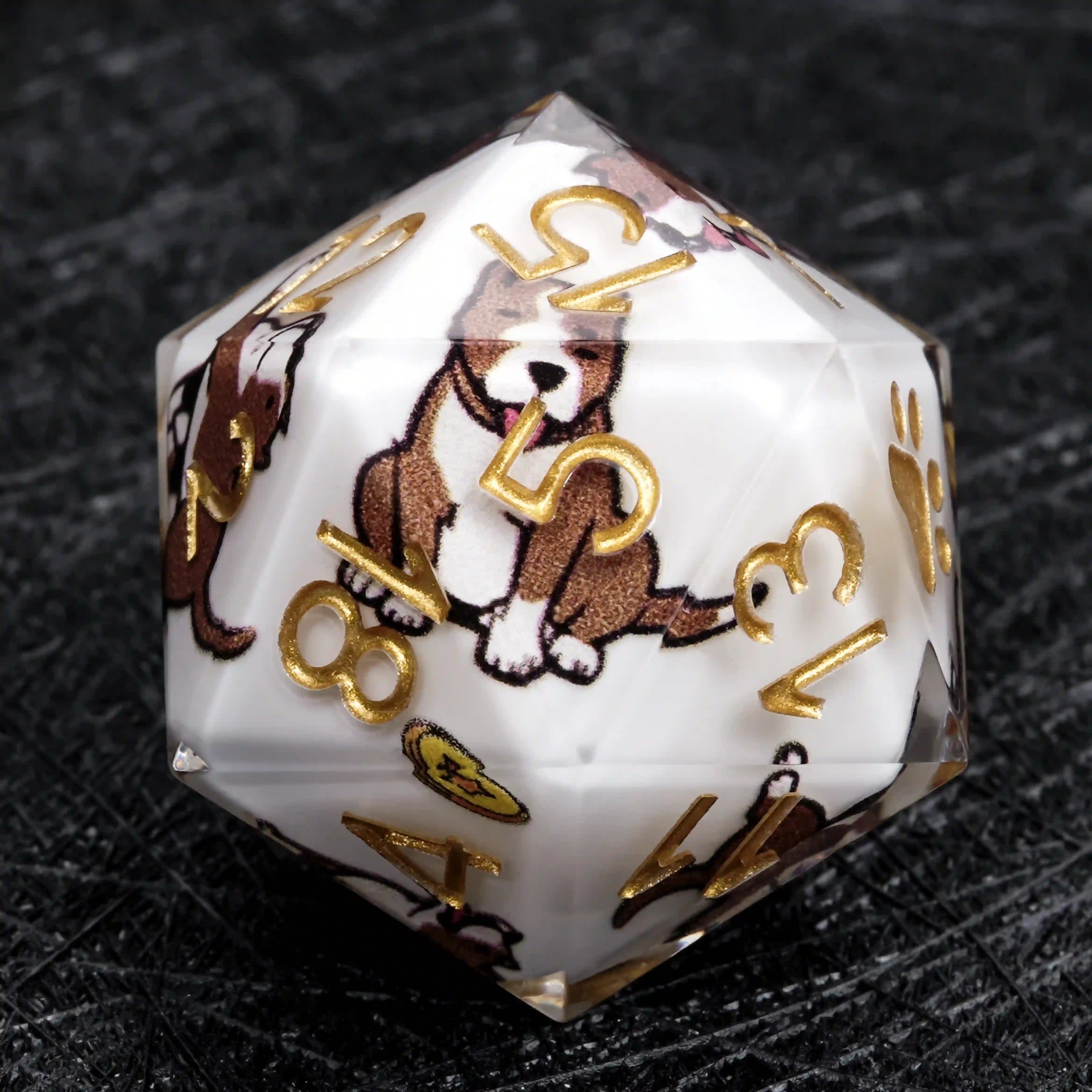 Kickstarter Dice – White Resin Pit Bull DND D20 Dice with Gold Numbers | Bear Dice