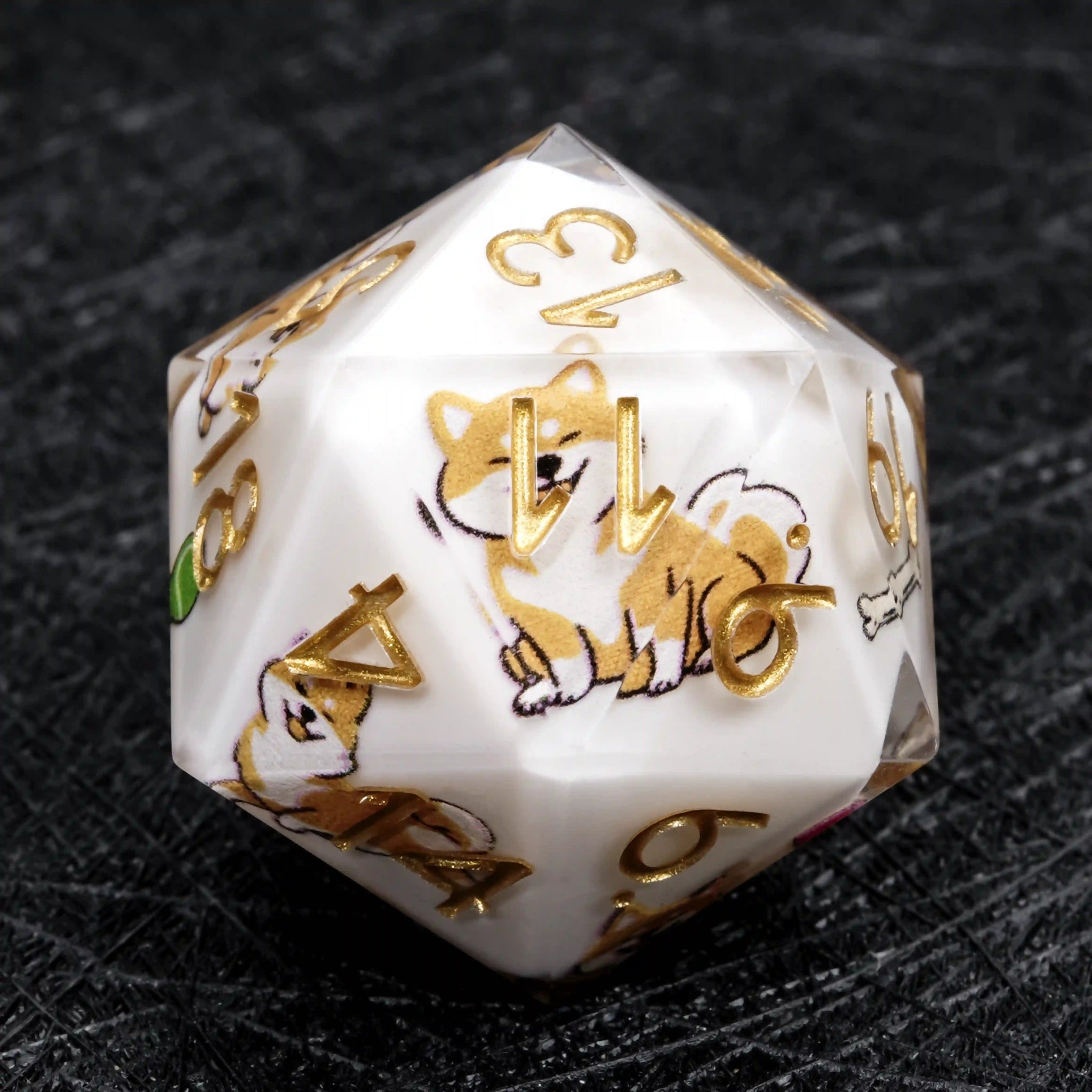Kickstarter Dice – White Resin Shiba Inu DND D20 Dice with Gold Numbers | Bear Dice