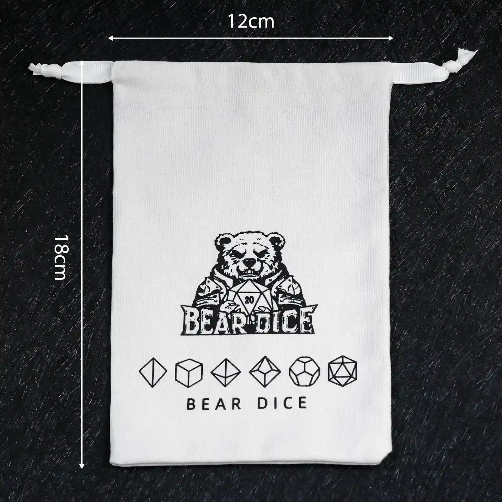 White canvas drawstring dice bag with the Bear Dice logo, 18 cm long and 12 cm wide, holds 1 to 3 sets of standard-sized D&D dice | Bear Dice