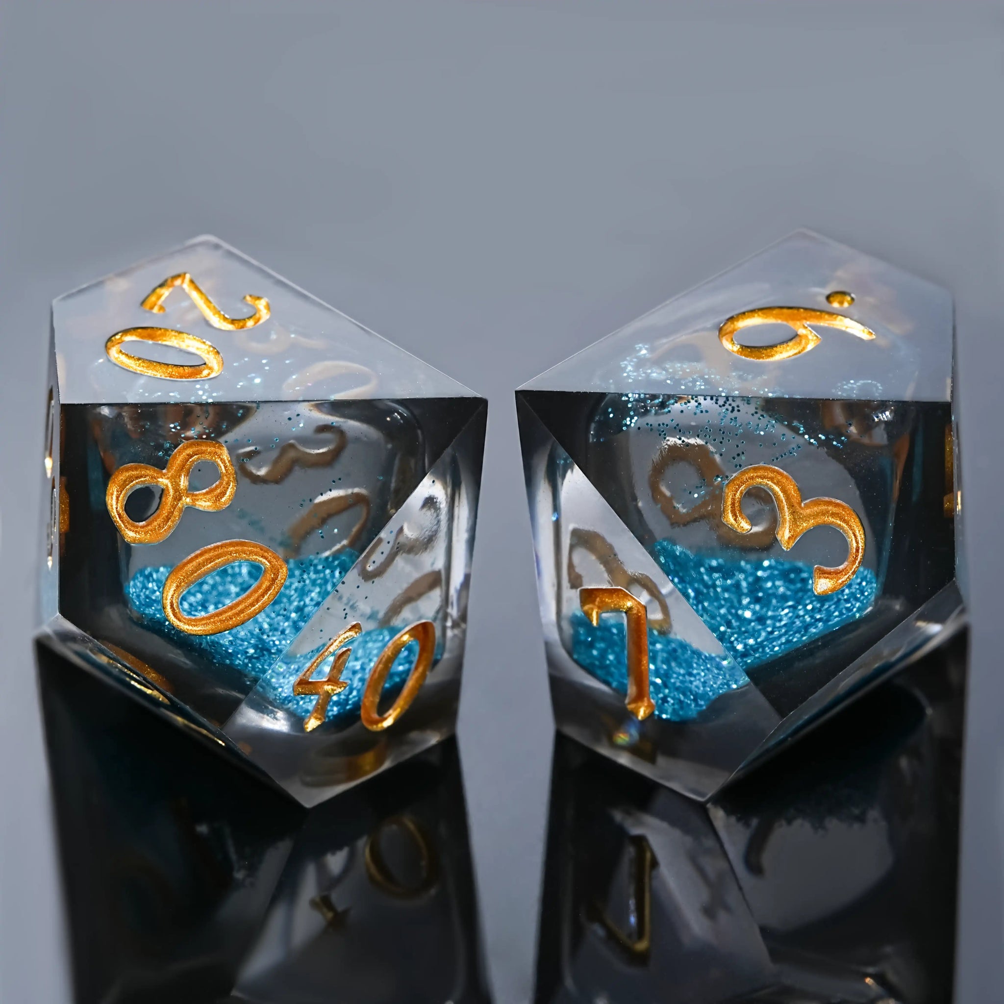 Kickstarter Dice - YOU Blue Liquid Core Resin DND D10 and D% Dice with Engraved Gold Numbers | Bear Dice