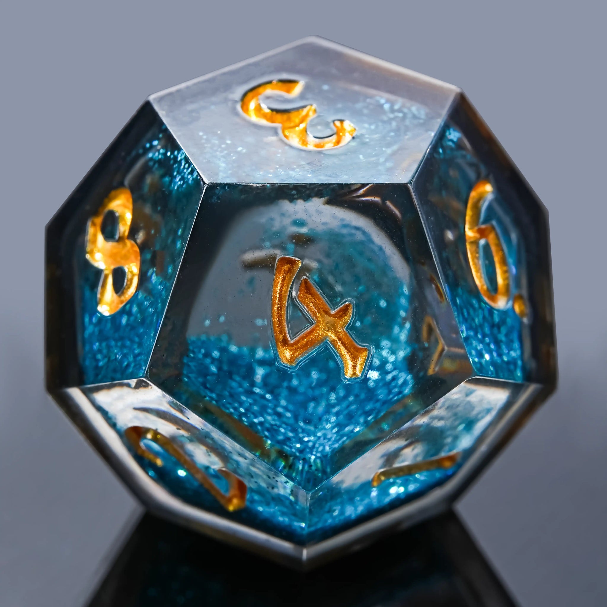 Kickstarter Dice - YOU Blue Liquid Core Resin DND D12 Dice with Engraved Gold Numbers | Bear Dice