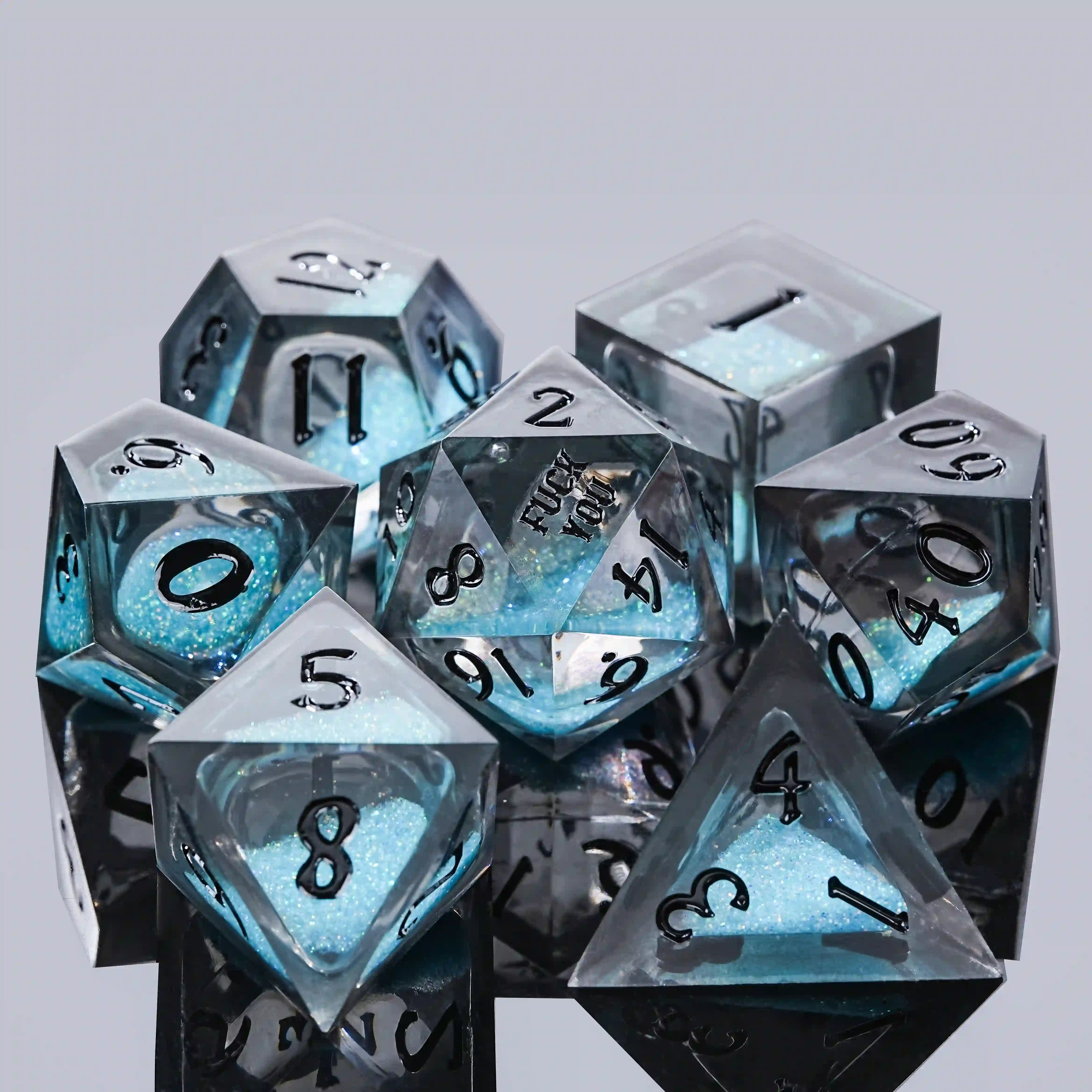Kickstarter Dice - YOU Blue Liquid Core Resin DND Dice Set with Engraved Black Numbers | Bear Dice