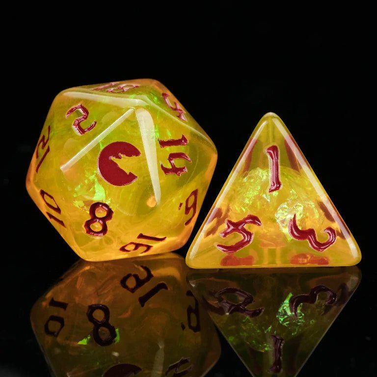 Kickstarter Trickster Dice - Yellow Resin Blood Moon Werewolf DND D20 and D4 Dice, Red Numbers | Bear Dice