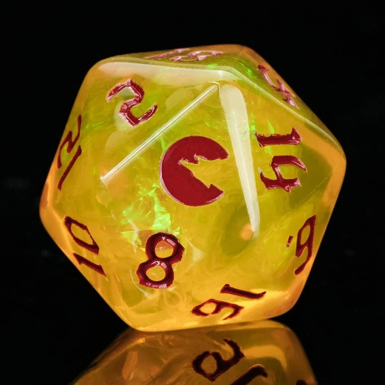 Kickstarter Trickster Dice - Kickstarter Yellow Resin DND D20 Dice, Engraved with Blood Moon Design, Blue Numbers | Bear Dice