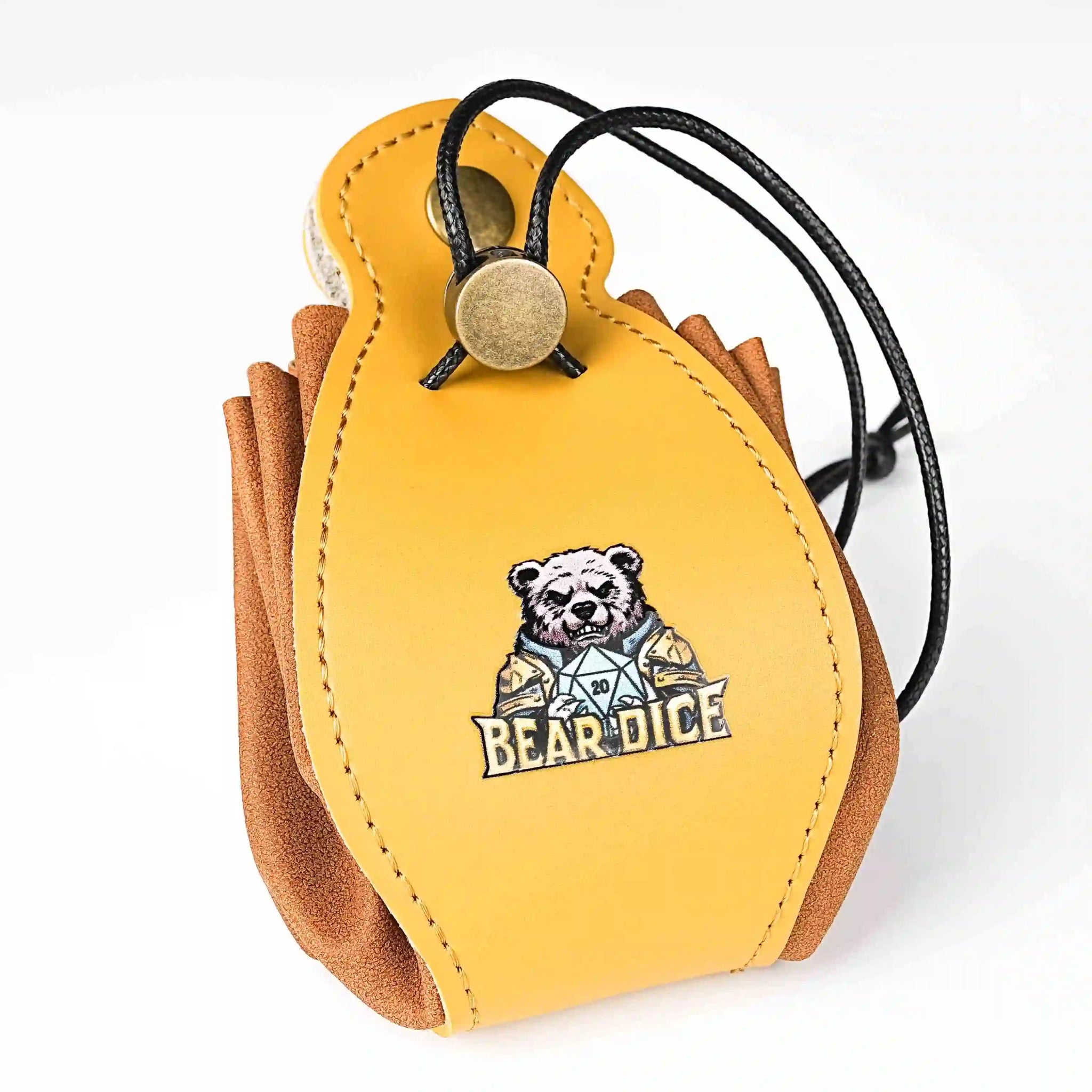 Yellow leather DND drawstring dice bag with button closure and printed Bear Dice logo | Bear Dice