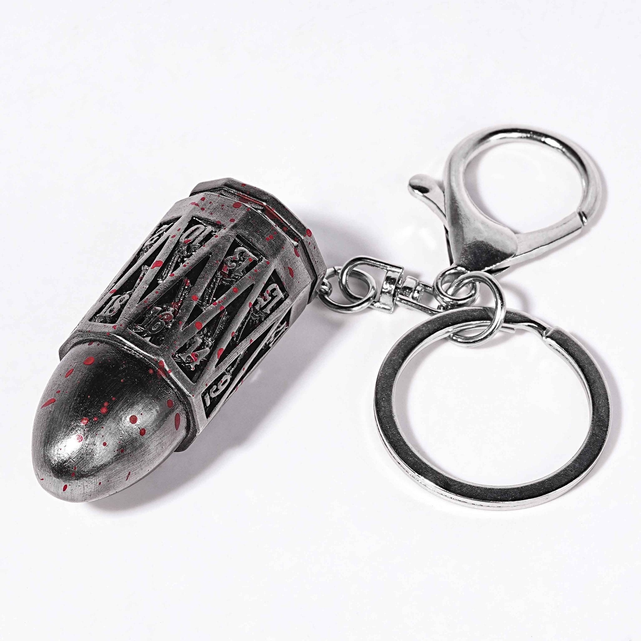 Antique Nickel Bullet Hollow Metal D20 Dice Cage Necklace + 7 Mini Metal Dice Set - Bear Dice