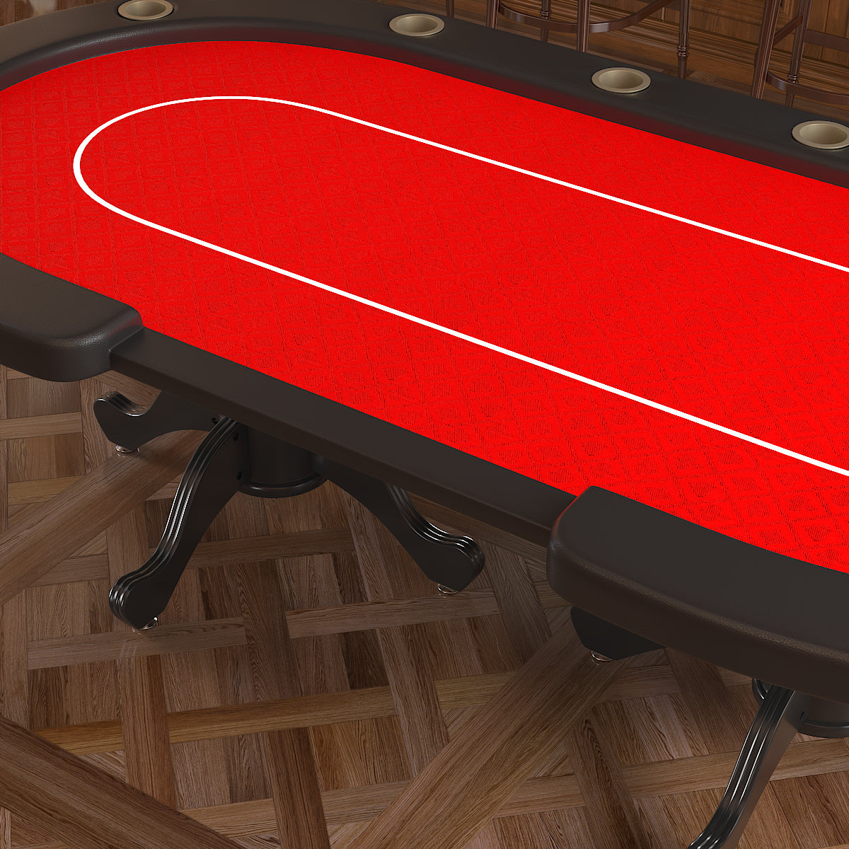 Aura Poker Table Angled View Featuring Red Felt Playing Surface White Bet Line and Claw Foot Base | Bear Dice