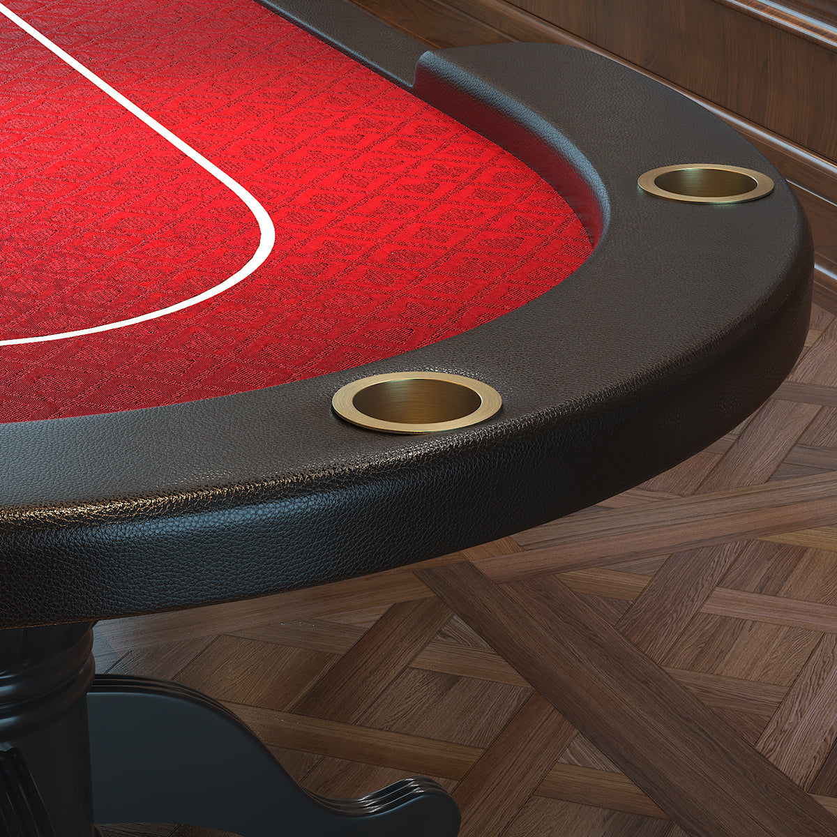 Aura Poker Table Close-Up of Jumbo Gold Cup Holders and Padded Black Vinyl Armrest Rail | Bear Dice
