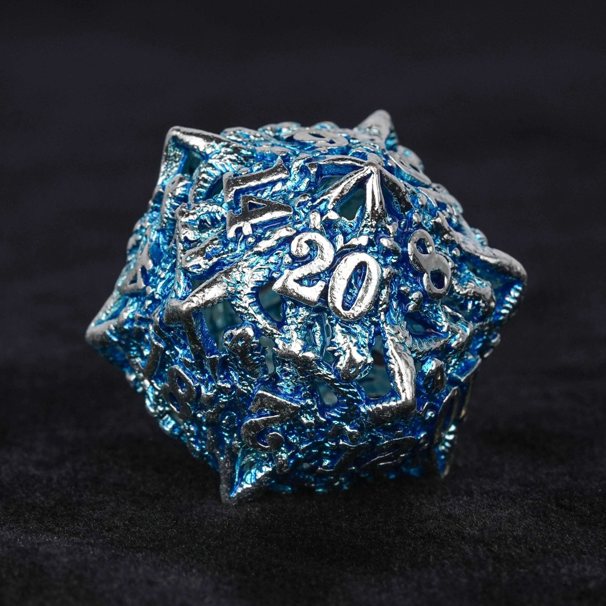 Balor Style - Silver Blue Dragon Head Metal Hollow dnd Dice Set - Bear Dice