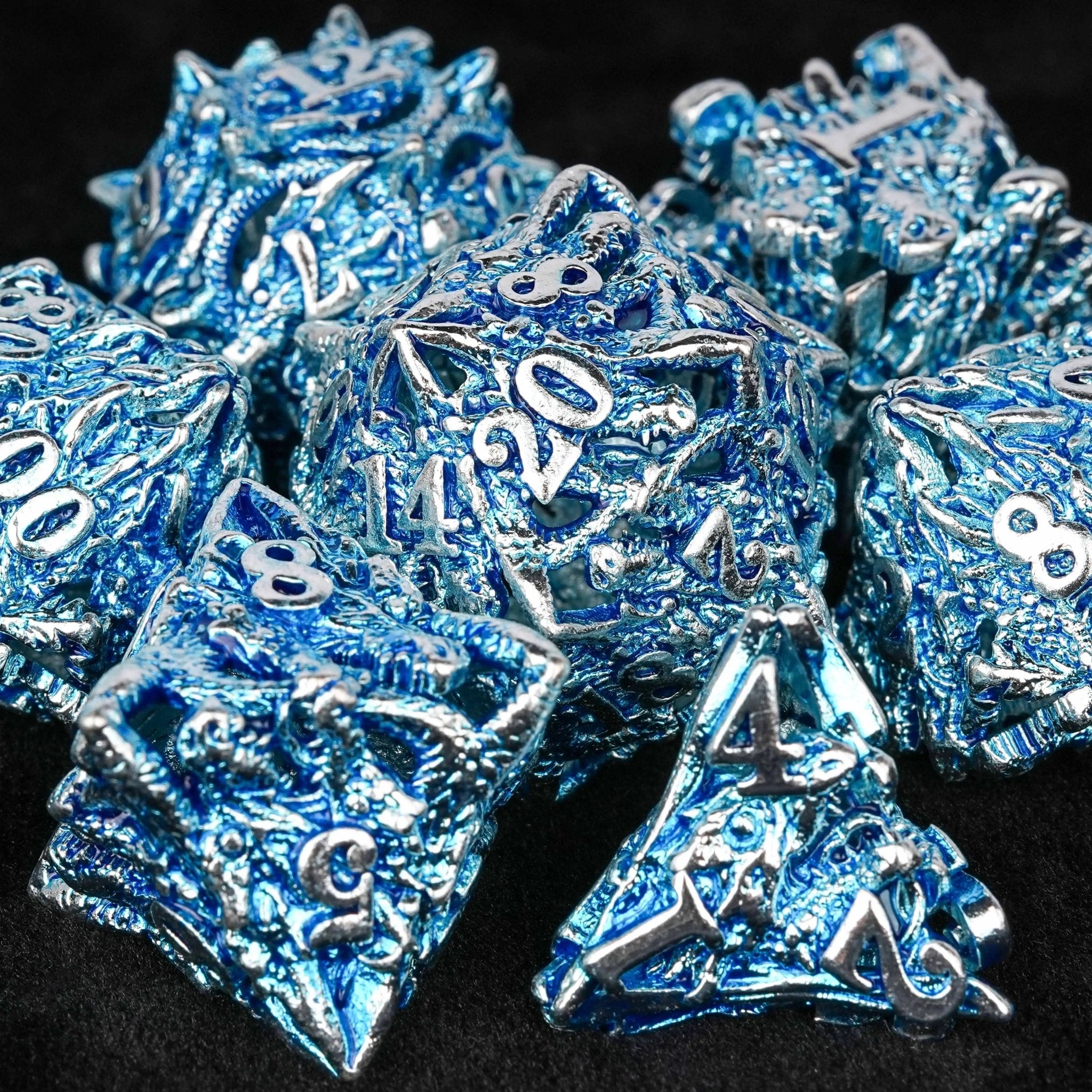 Balor Style - Silver Blue Dragon Head Metal Hollow dnd Dice Set - Bear Dice