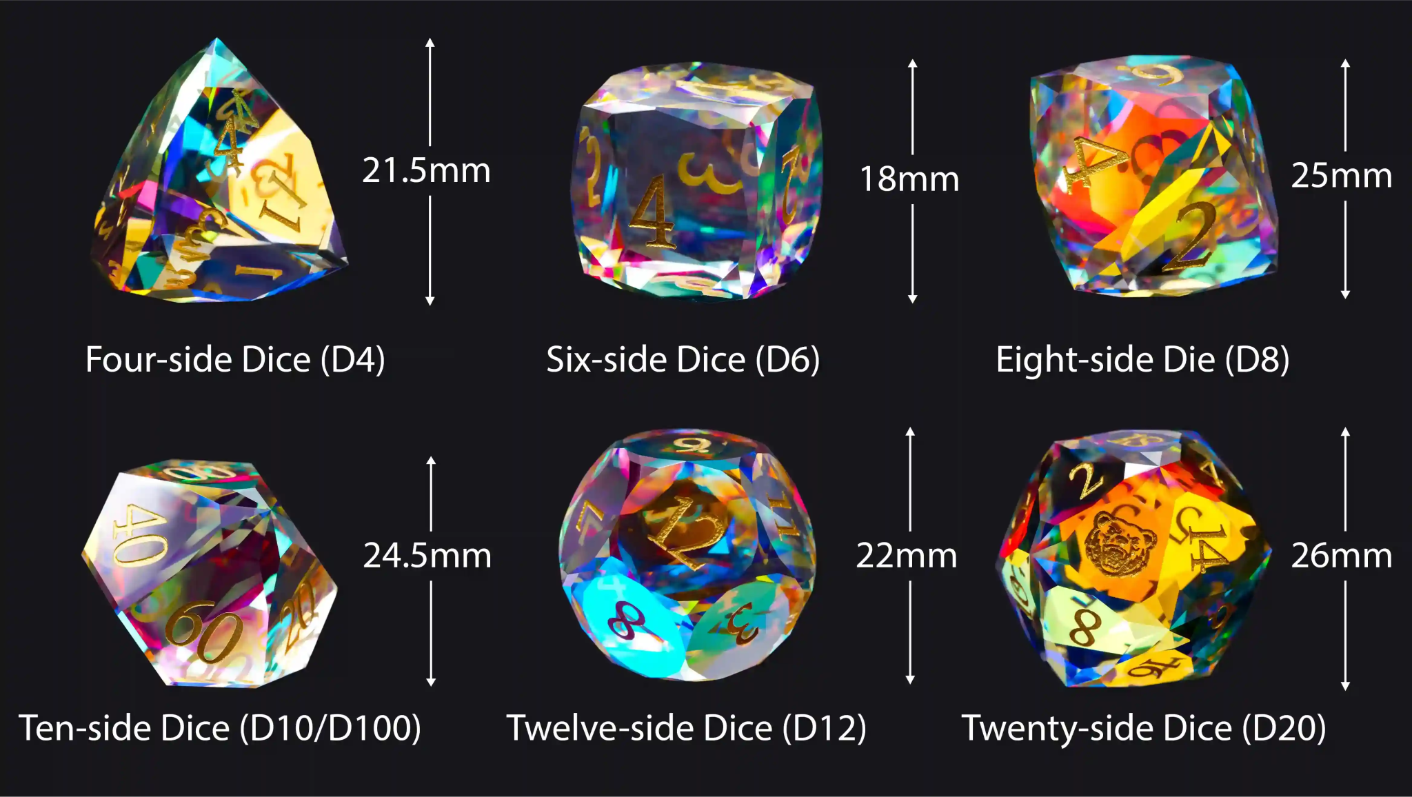 Bear Dice Faceted Prism DND Glass Dice Set + Gold Font - Bear Dice