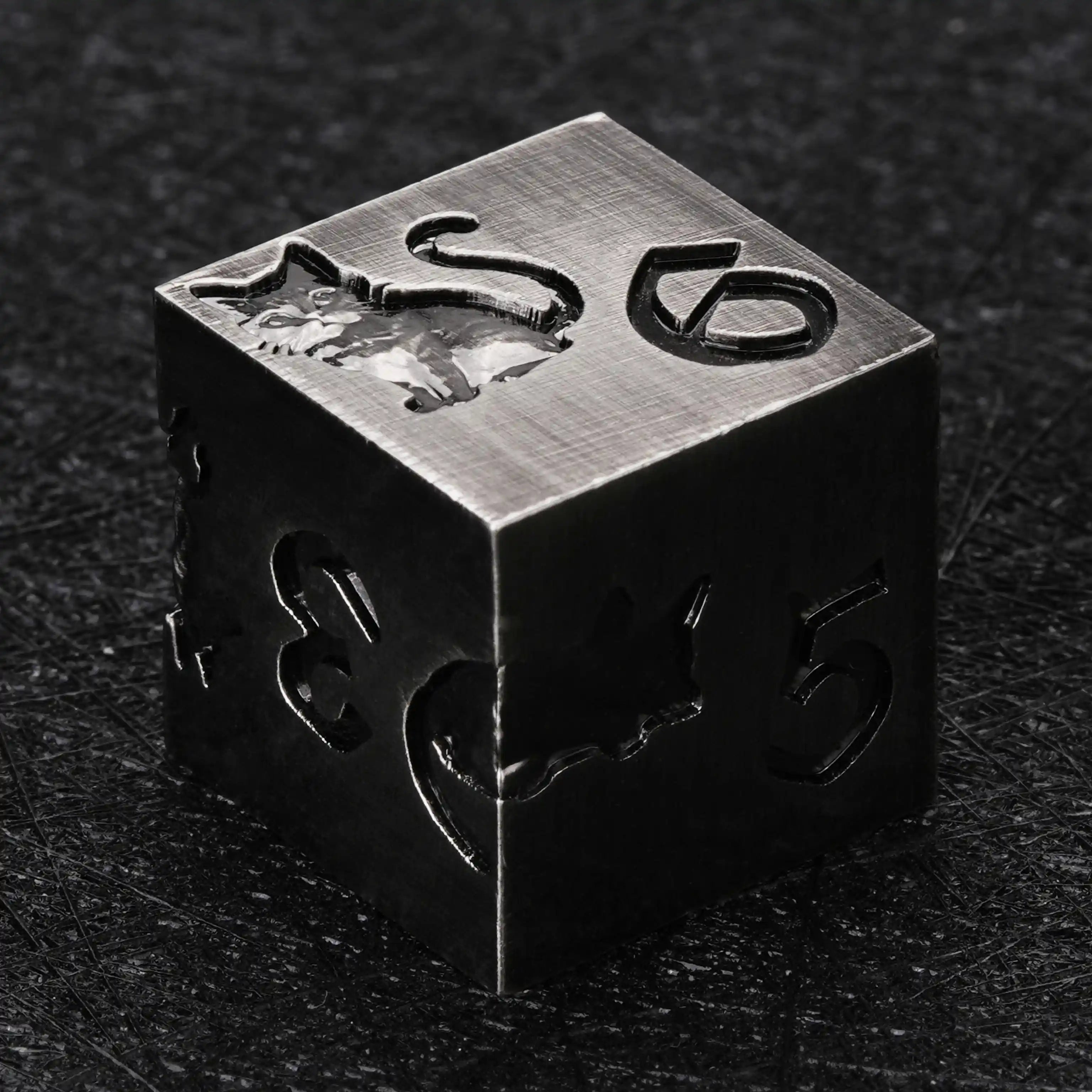 Black metal D6 dice with animal engraving BearDice