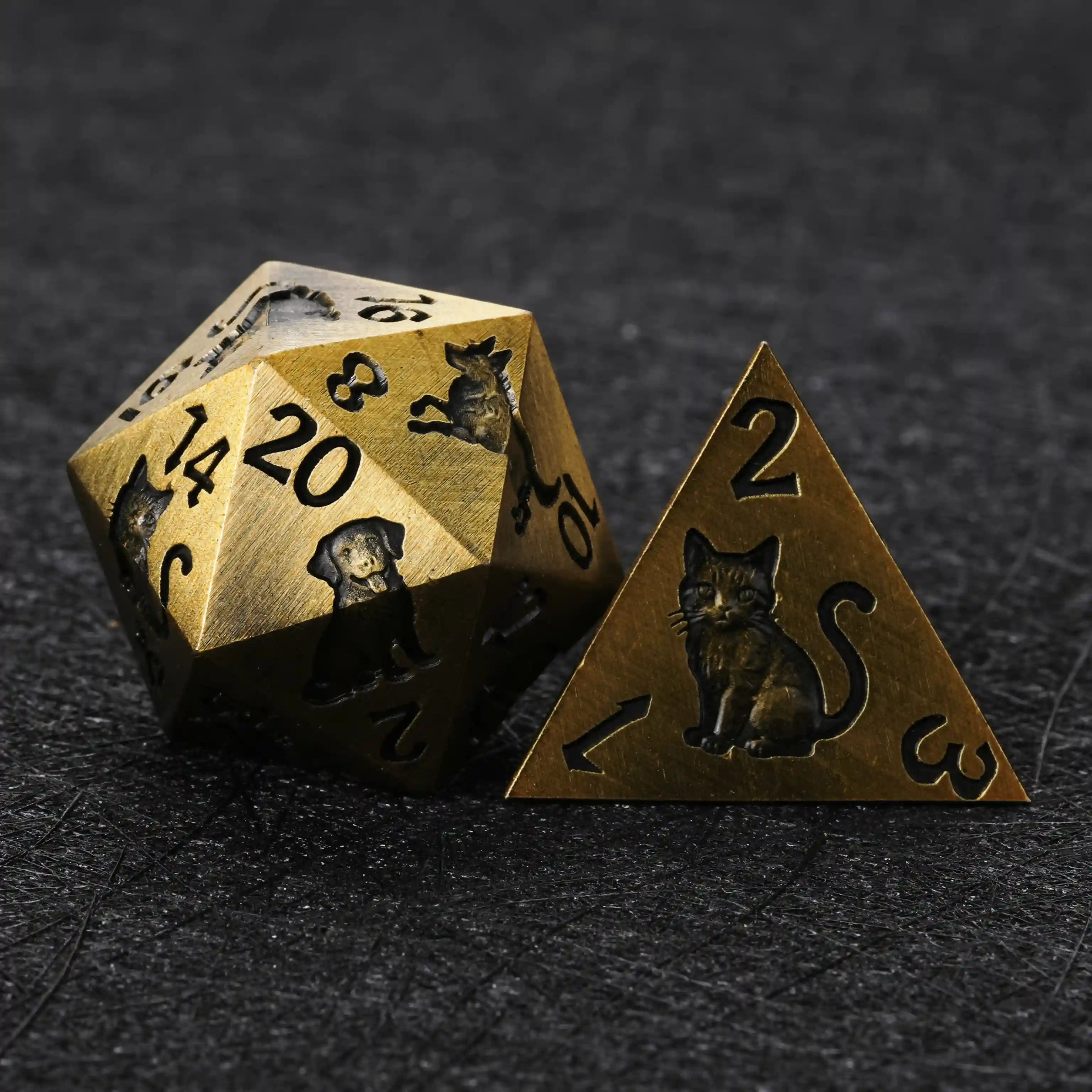 Gold metal D20 animal ally dice close up detail BearDice