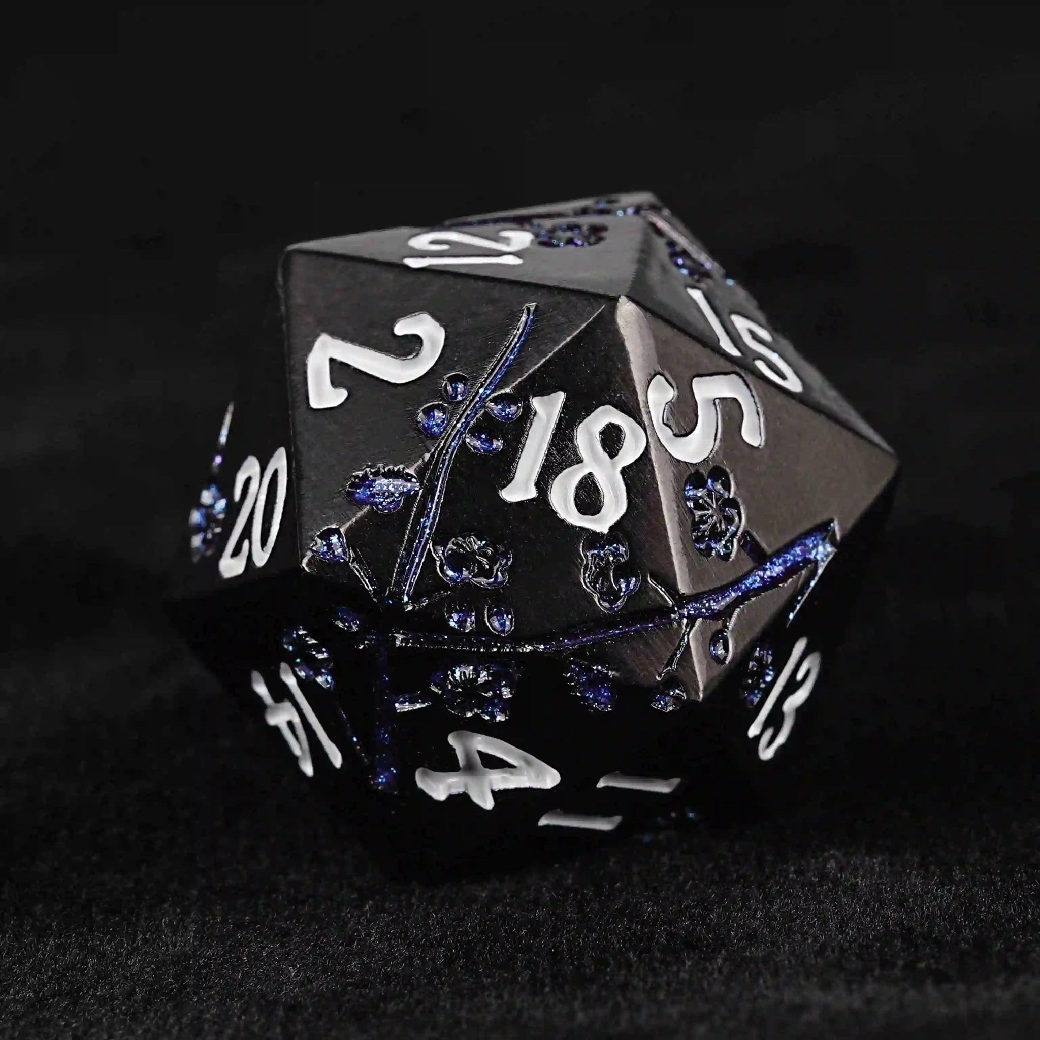 Black and Blue Cherry Blossom Metal DND Dice Set + White Number - Bear Dice