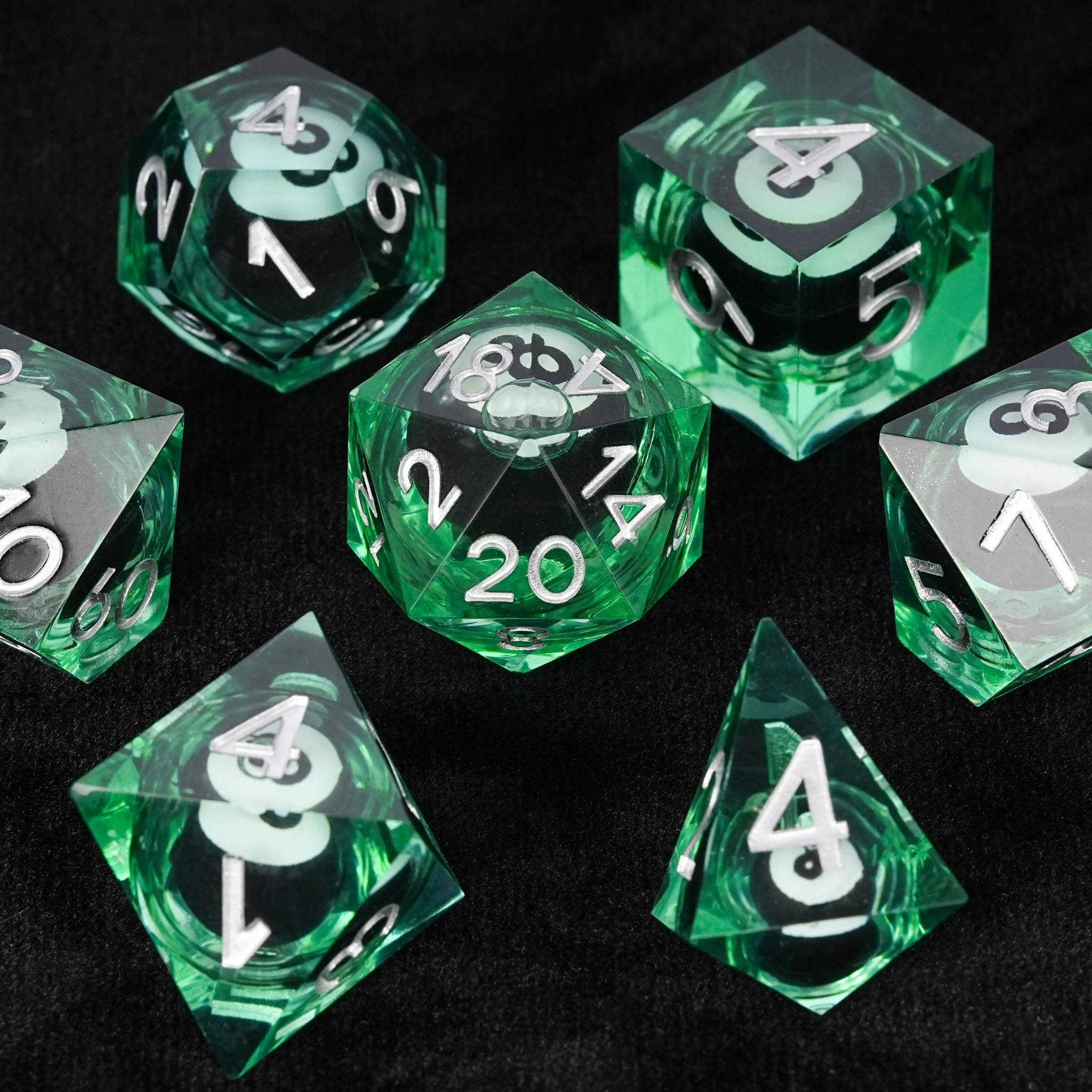 Black and White No. 8 Billiard Ball Core Green Resin DND Dice Set + Silver Font - Bear Dice