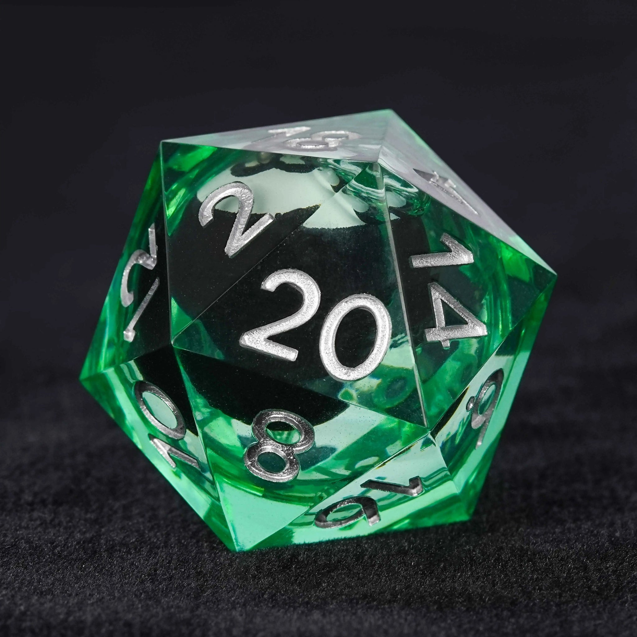 Black and White No. 8 Billiard Ball Core Green Resin DND Dice Set + Silver Font - Bear Dice