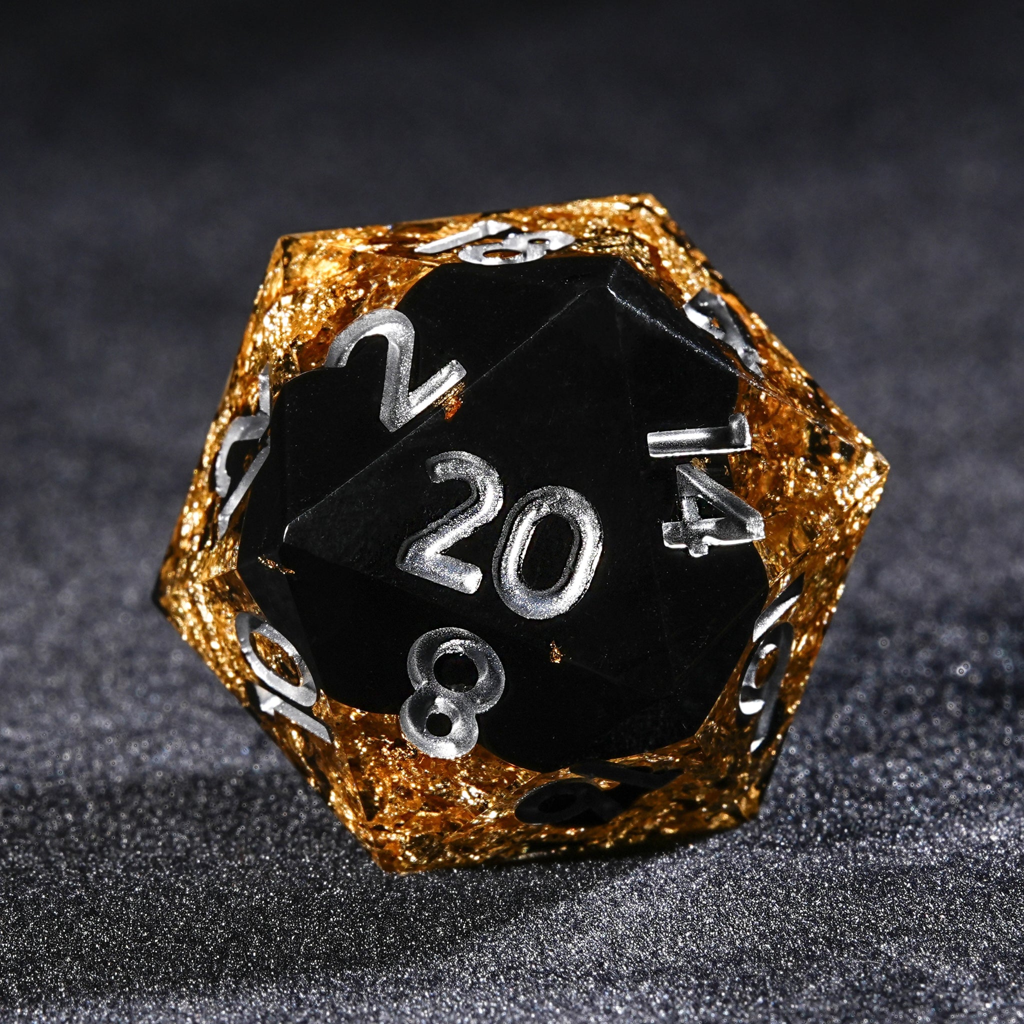 Black Gold Glory - Resin DND Dice Set + Silver Font - Bear Dice
