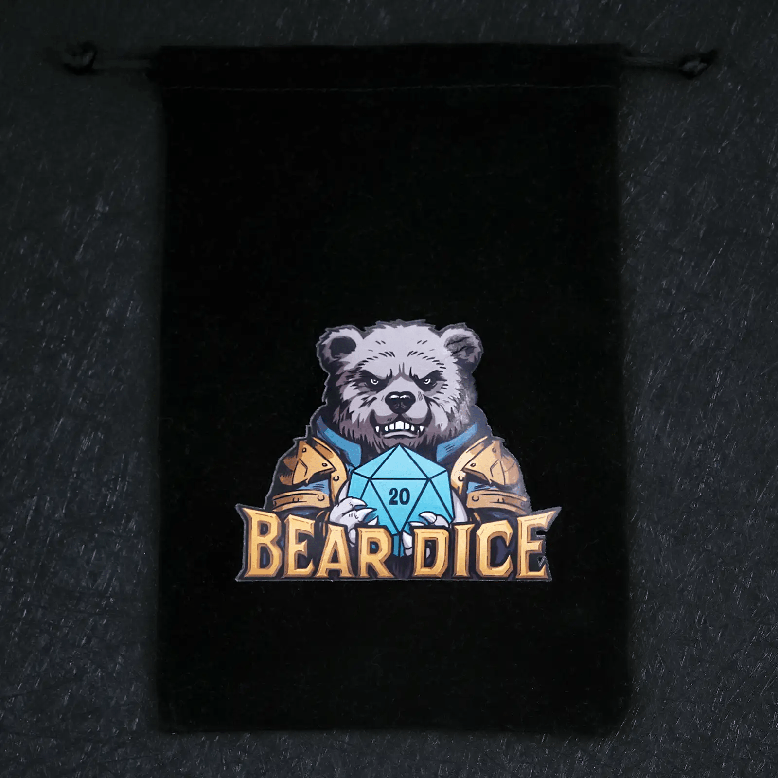 Black velvet drawstring dice bag with the Bear Dice logo, holds 1-2 sets of standard-sized D&D dice | Bear Dice