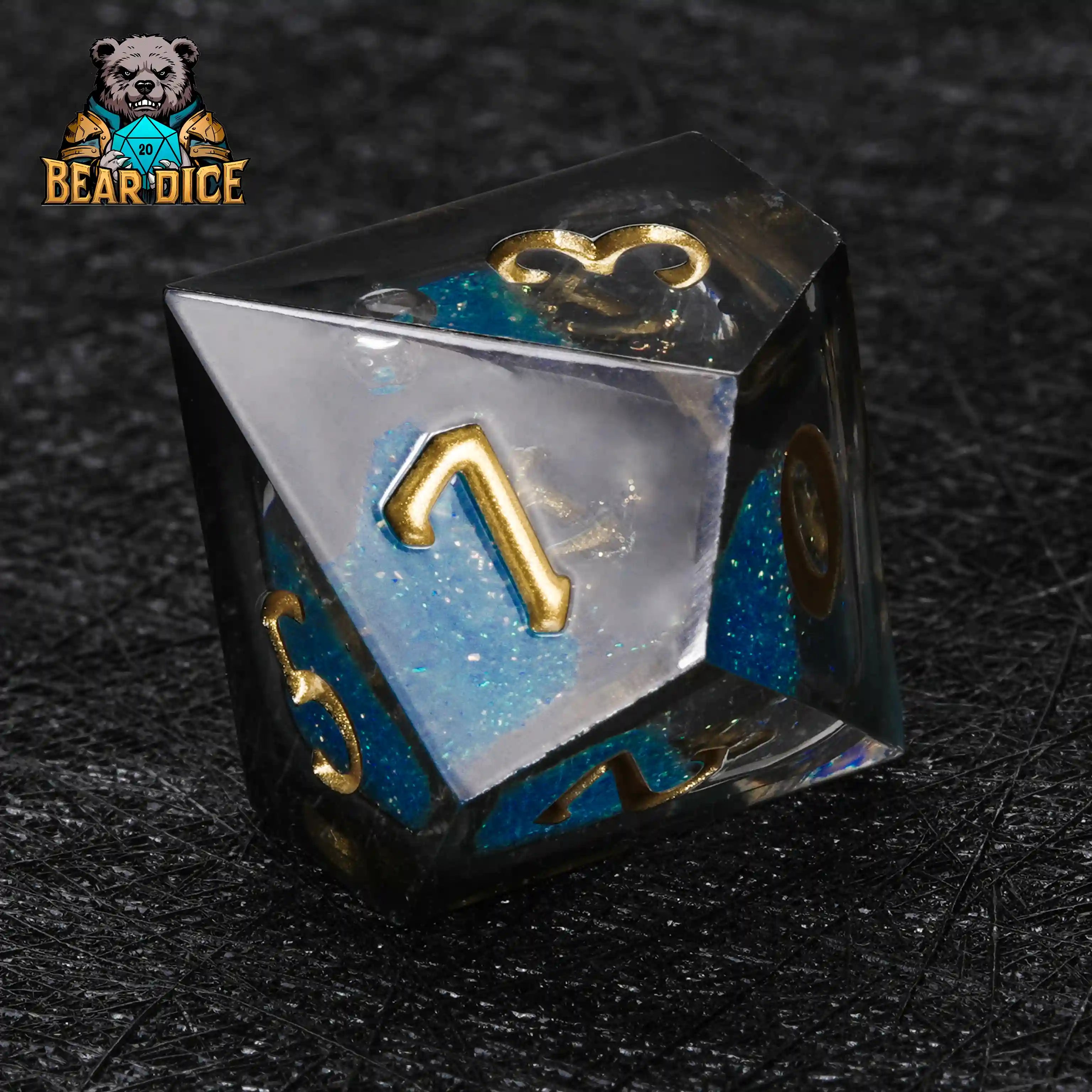Top view of Blue Liquid Core Resin D10 Dice Set with gold numerals | Bear Dice