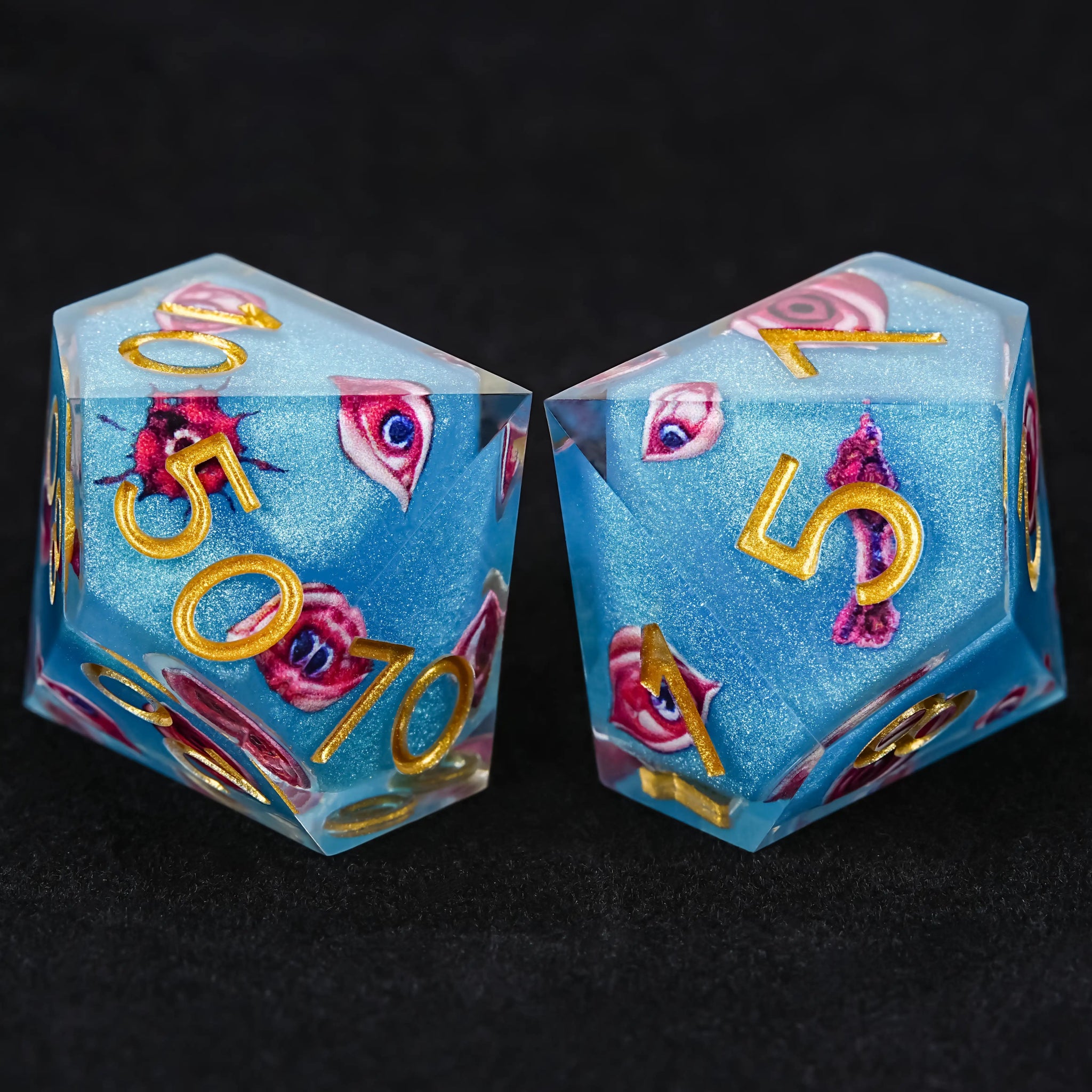 Blue Red Eye Resin Dice Set with Gold Numbers - RPG DND - Bear Dice