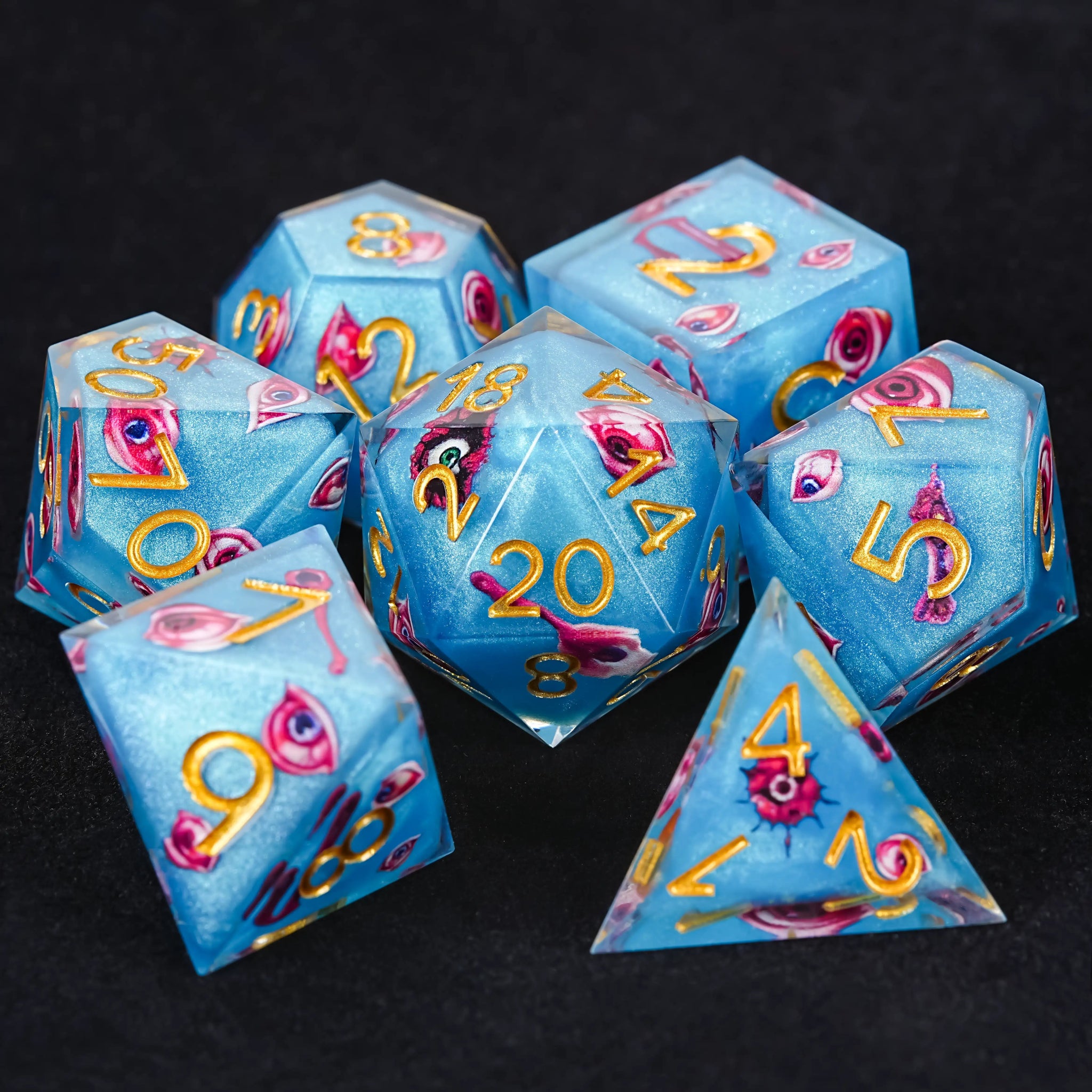 Blue Red Eye Resin Dice Set with Gold Numbers - RPG DND - Bear Dice