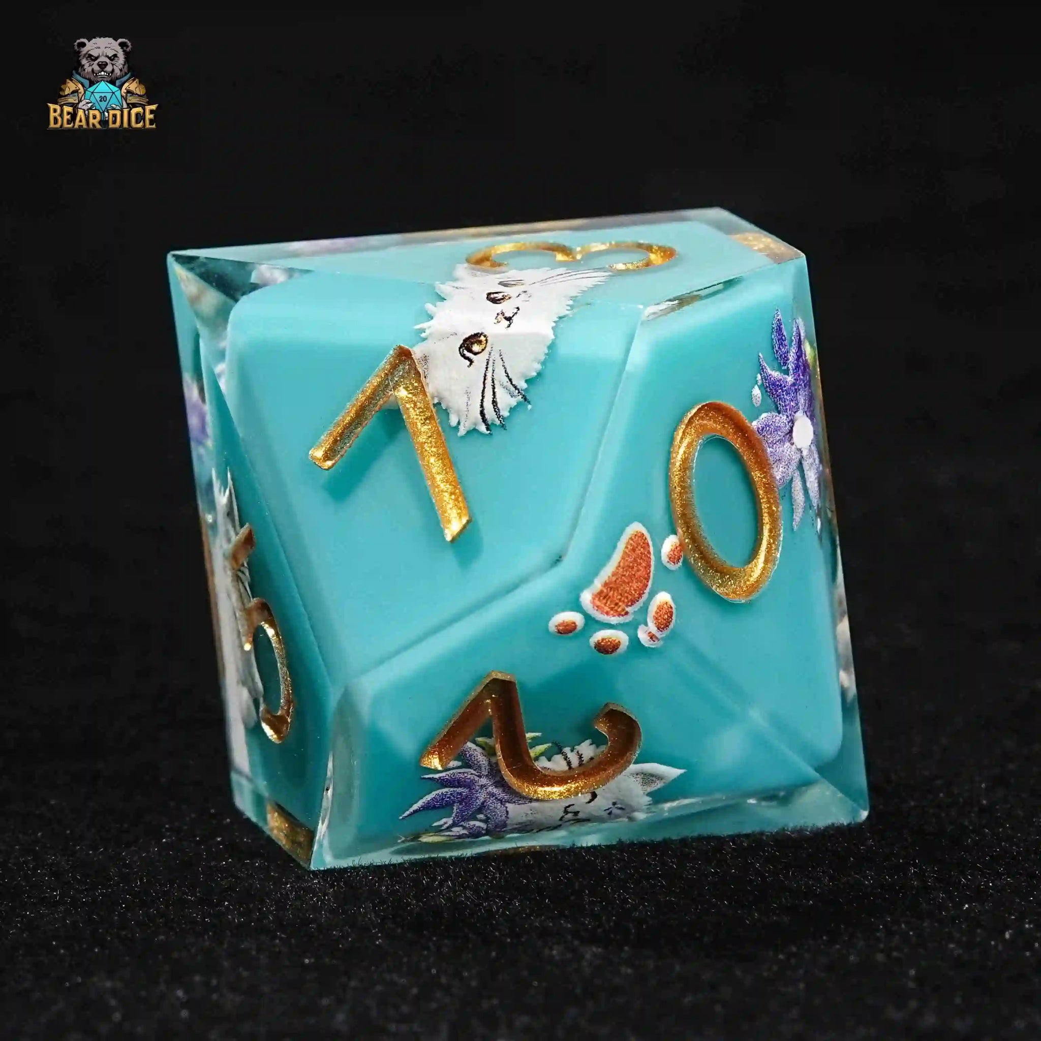 Blue Solid Resin D10 Dice - Cute Kitty Cat DND 10 Sided Dice - Bear Dice