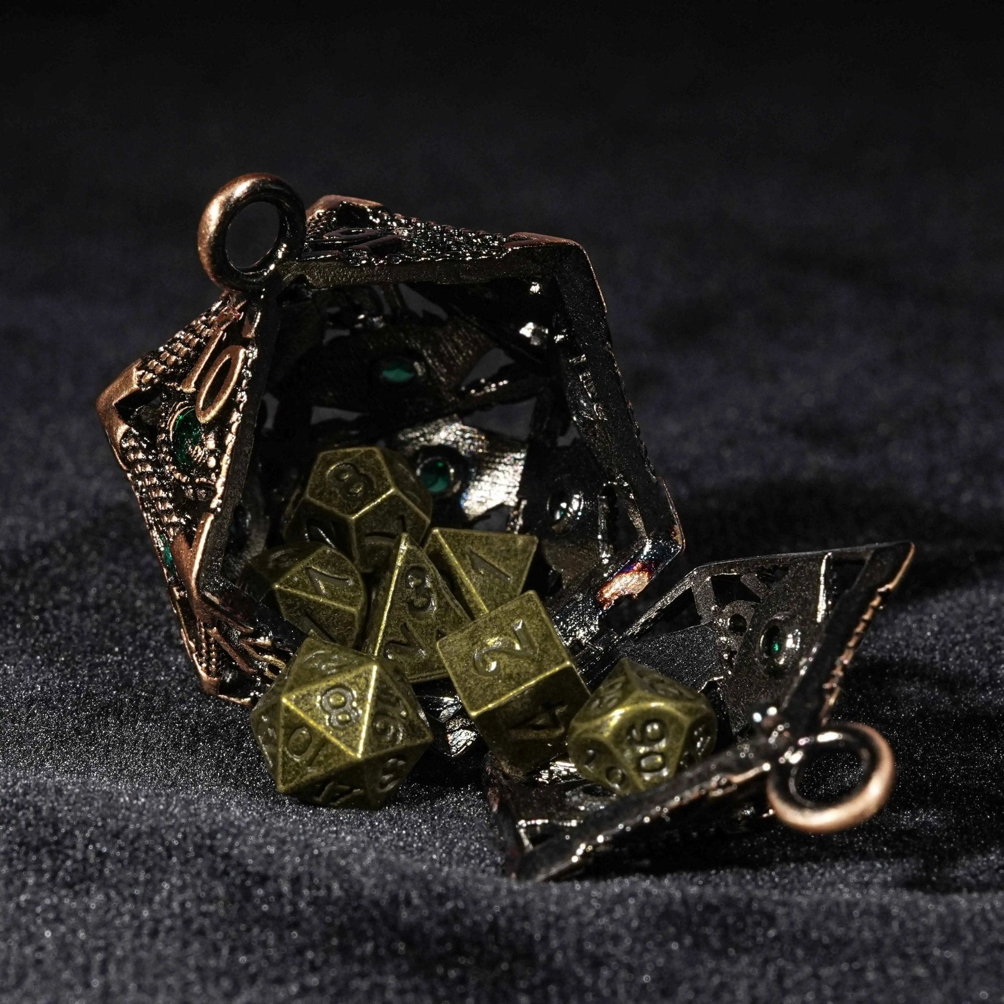 Bronze Emerald Dragon Eye Hollow Metal Dice Keychain + 7 Mini Metal DND Dice Set - Bear Dice