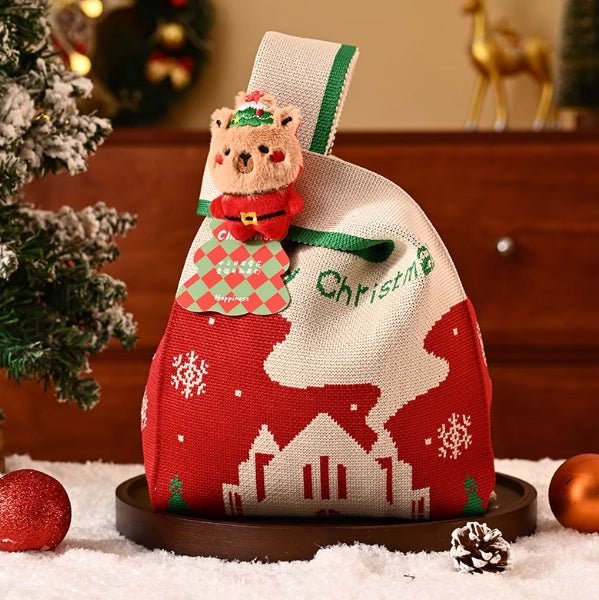 Christmas Gift Knitted Tote Bag Premium Gift Bag Christmas Eve Souvenir Bag - Bear Dice