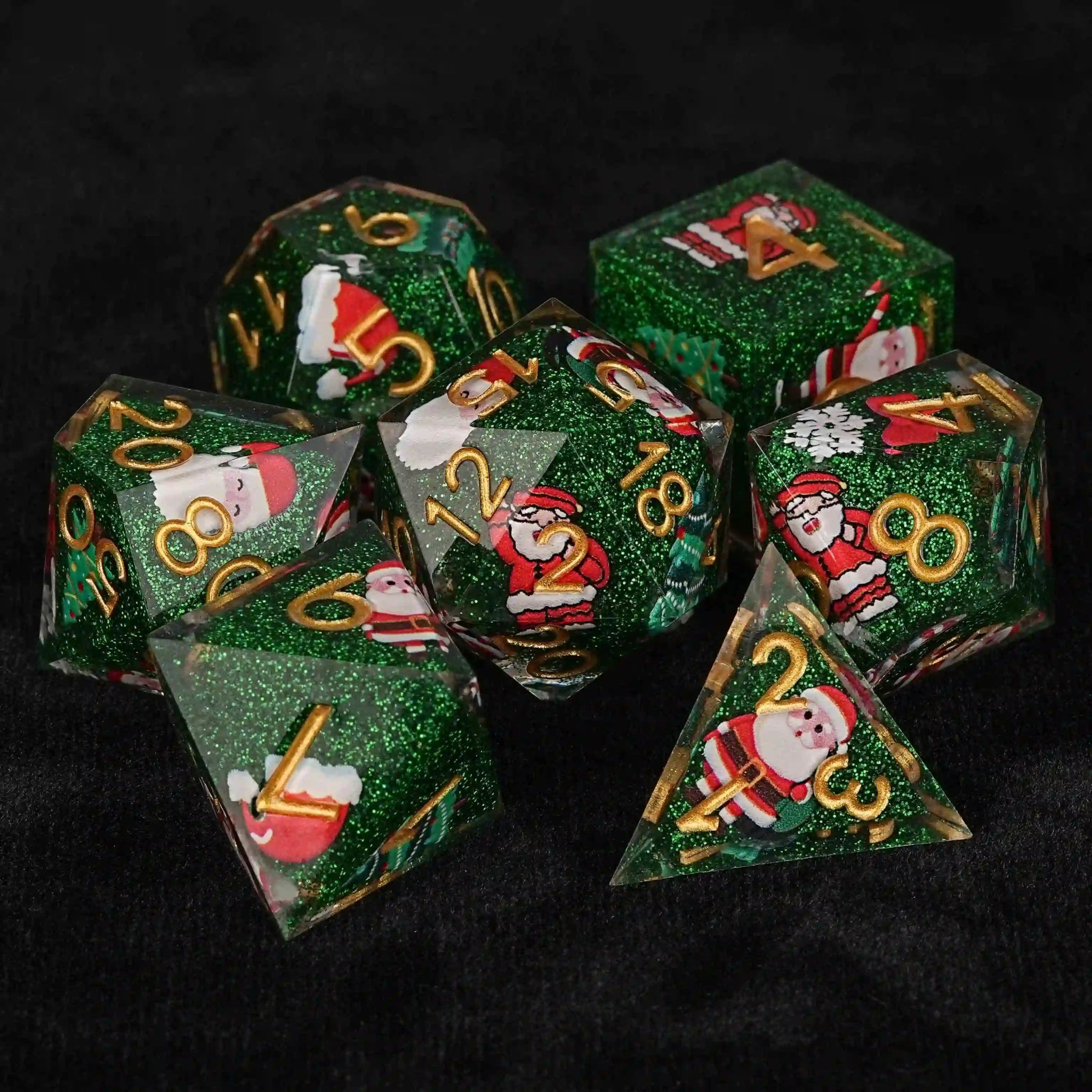 Christmas Spree: green resin dnd dice set + gold numbers - Bear Dice