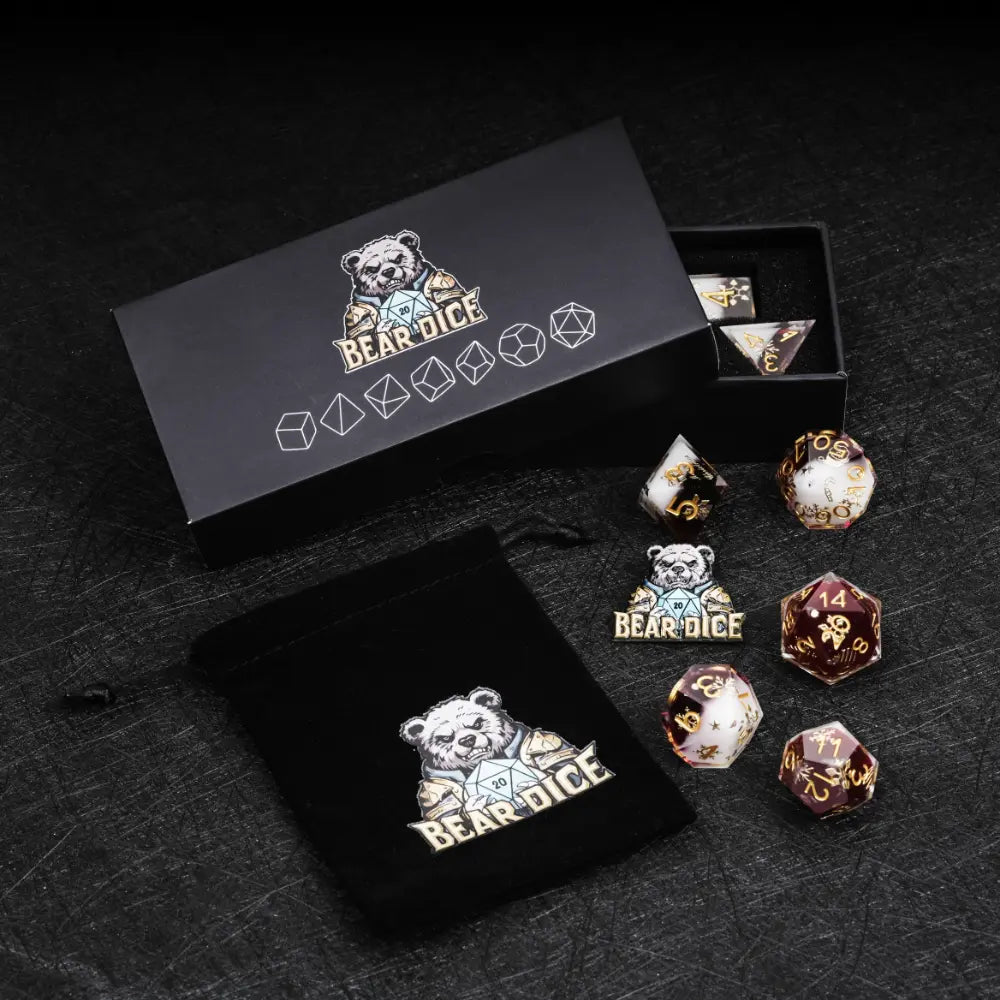 Christmas themed burgundy and milky white resin dice set with gold - carved numbers - Bear Dice