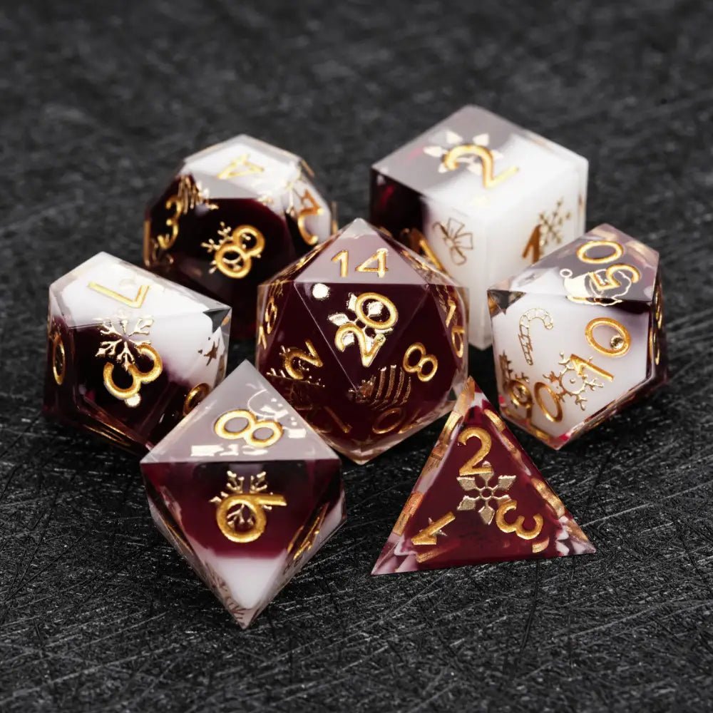Christmas themed burgundy and milky white resin dice set with gold - carved numbers - Bear Dice