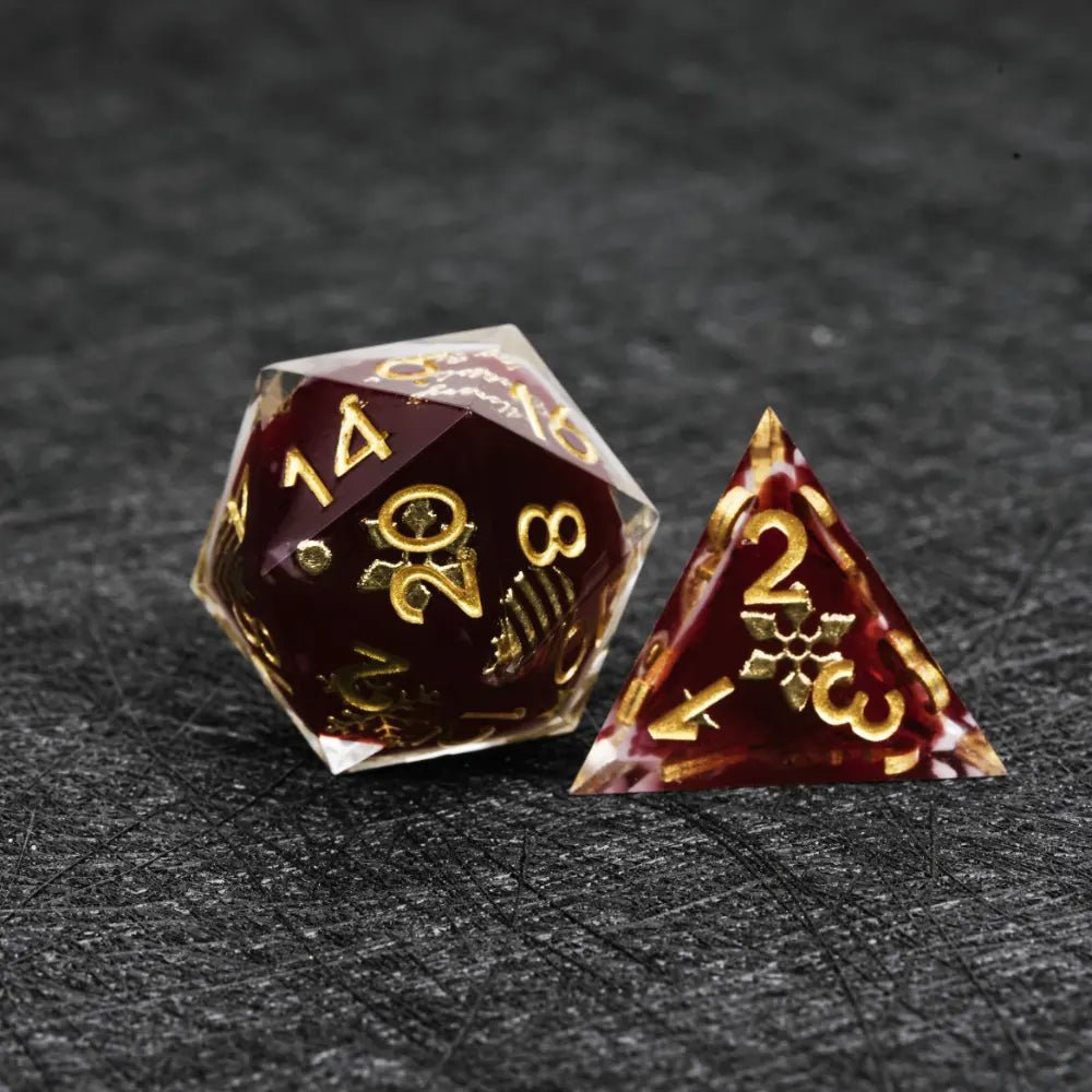 Christmas themed burgundy and milky white resin dice set with gold - carved numbers - Bear Dice