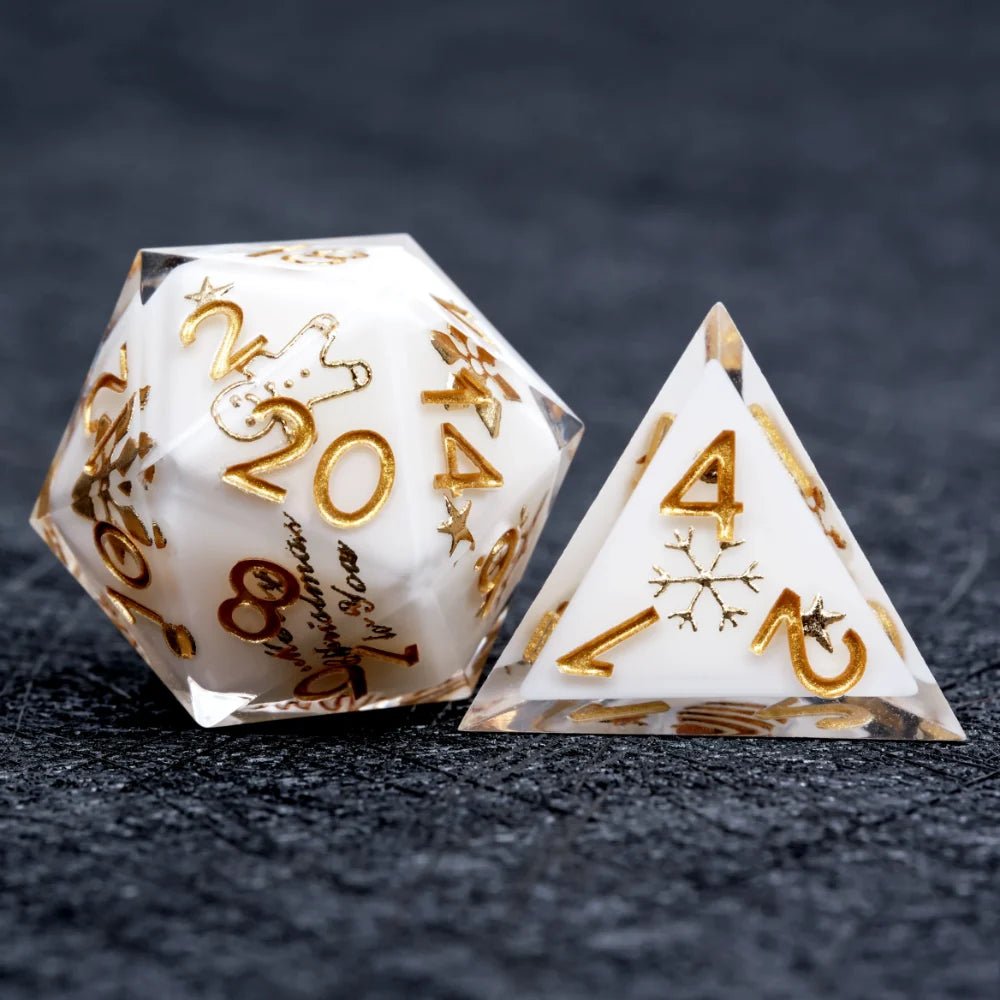 Christmas themed white resin dice set with gold snowflake engraving for D&D dice game - Bear Dice