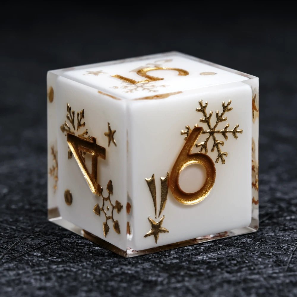 Christmas themed white resin dice set with gold snowflake engraving for D&D dice game - Bear Dice