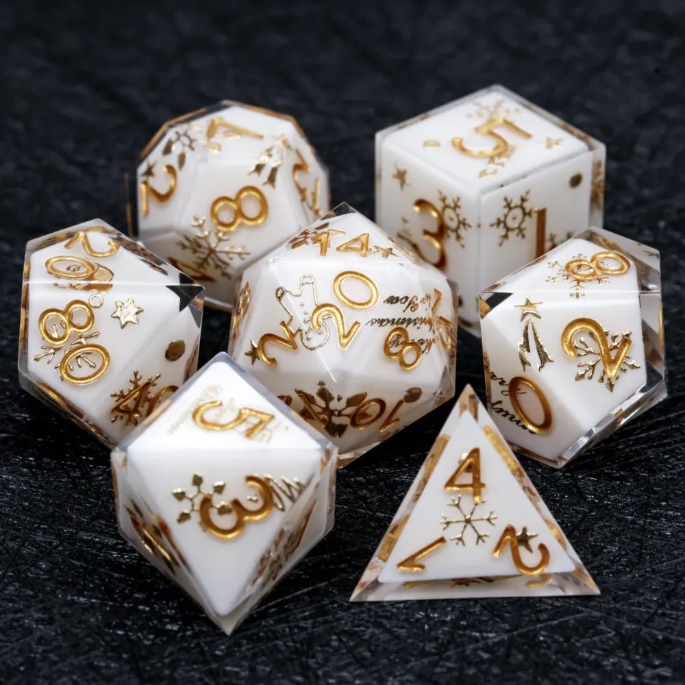 Christmas themed white resin dice set with gold snowflake engraving for D&D dice game - Bear Dice