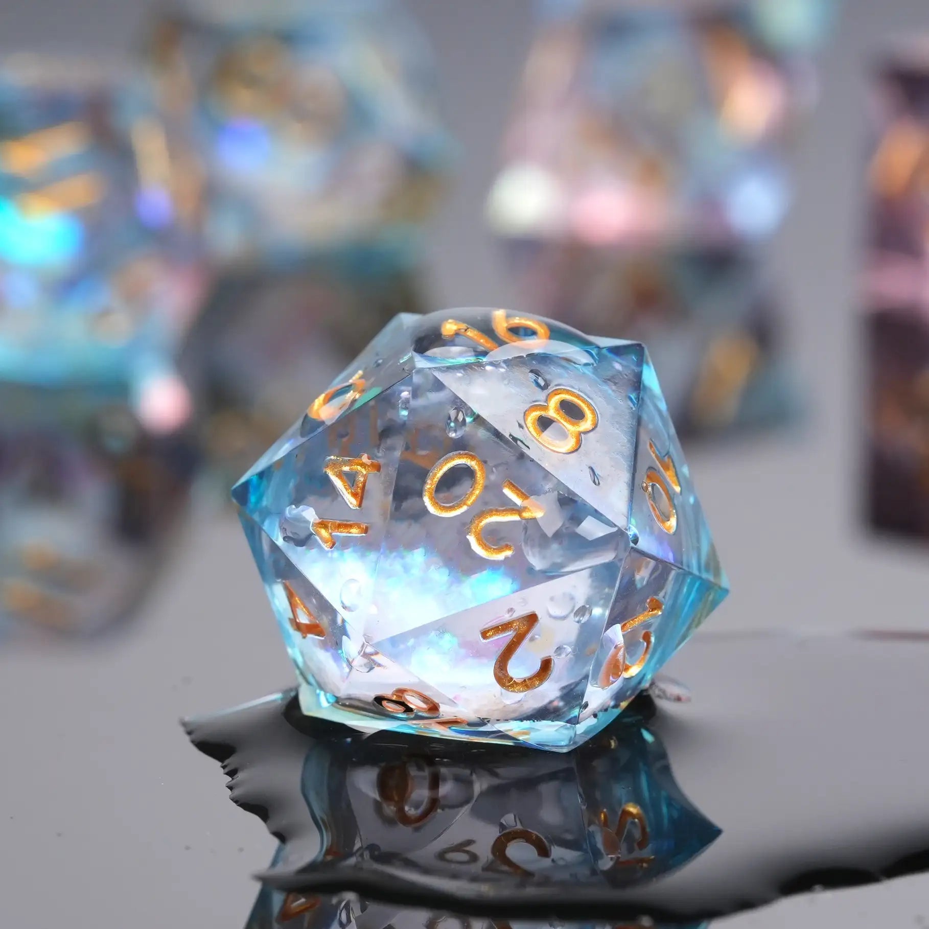 Clear Powder Blue Resin Dice Quicksilver Glitter with Inlaid Gold Lettering - Bear Dice