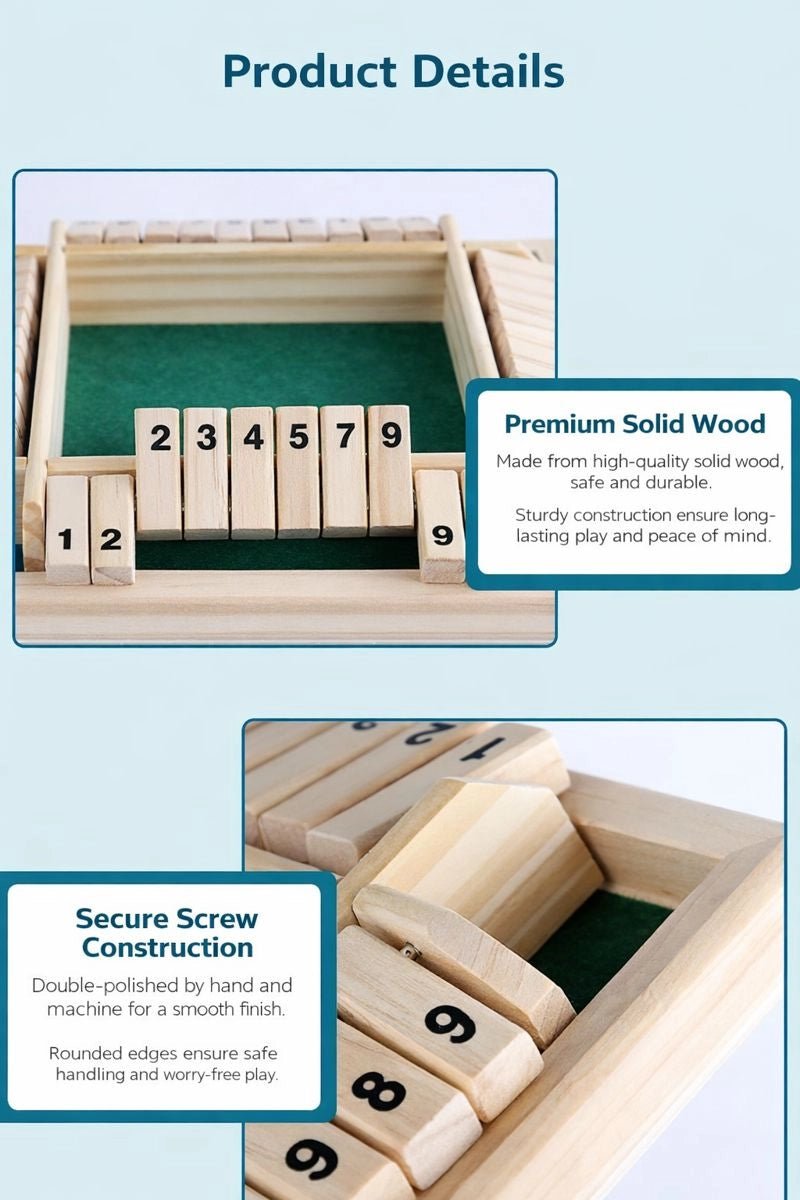 Close the Box Dice Game - Wooden Party Strategy Board Game - Bear Dice