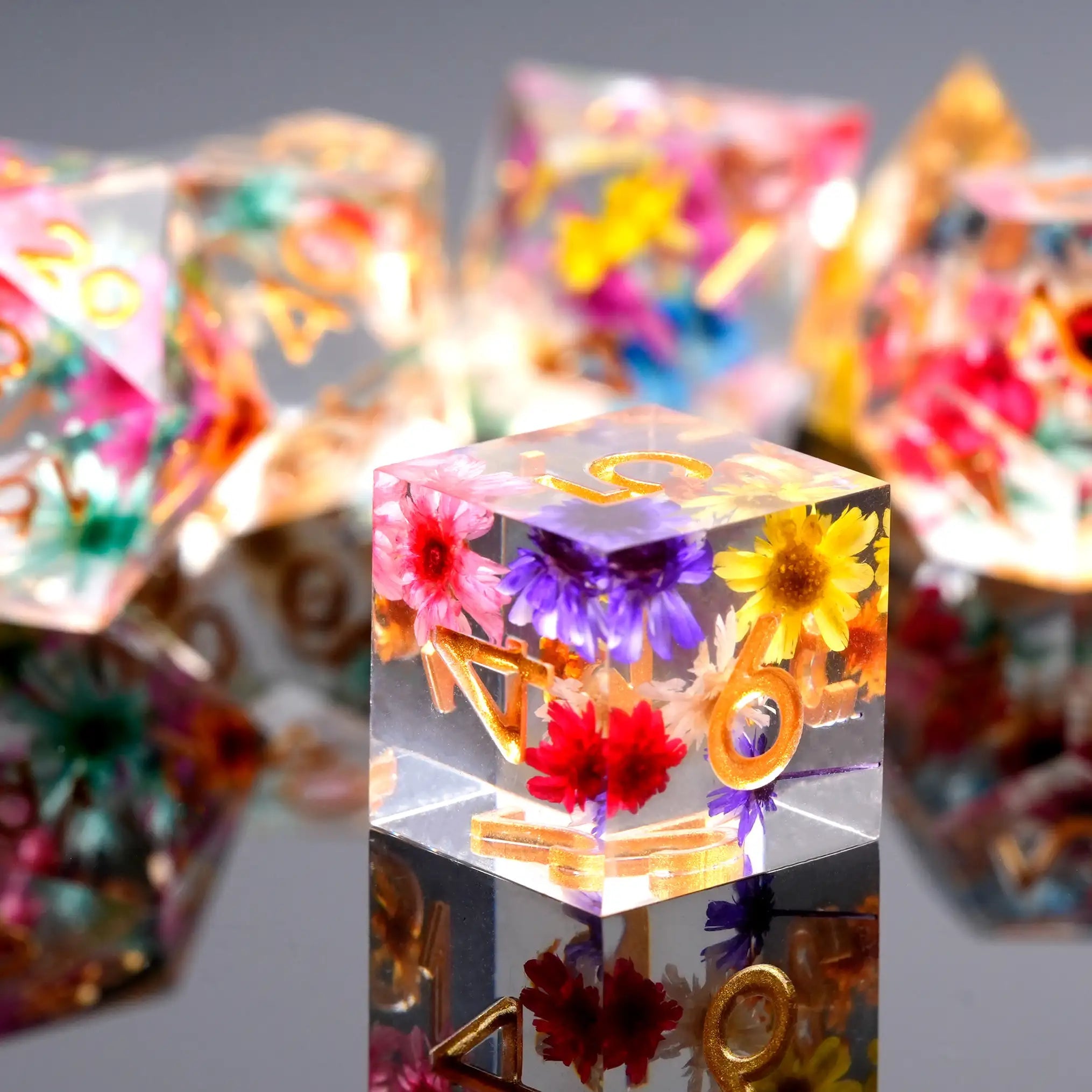 Colorful Dried Flower Inlaid Transparent Resin DND Dice Set + Gold Font - Bear Dice