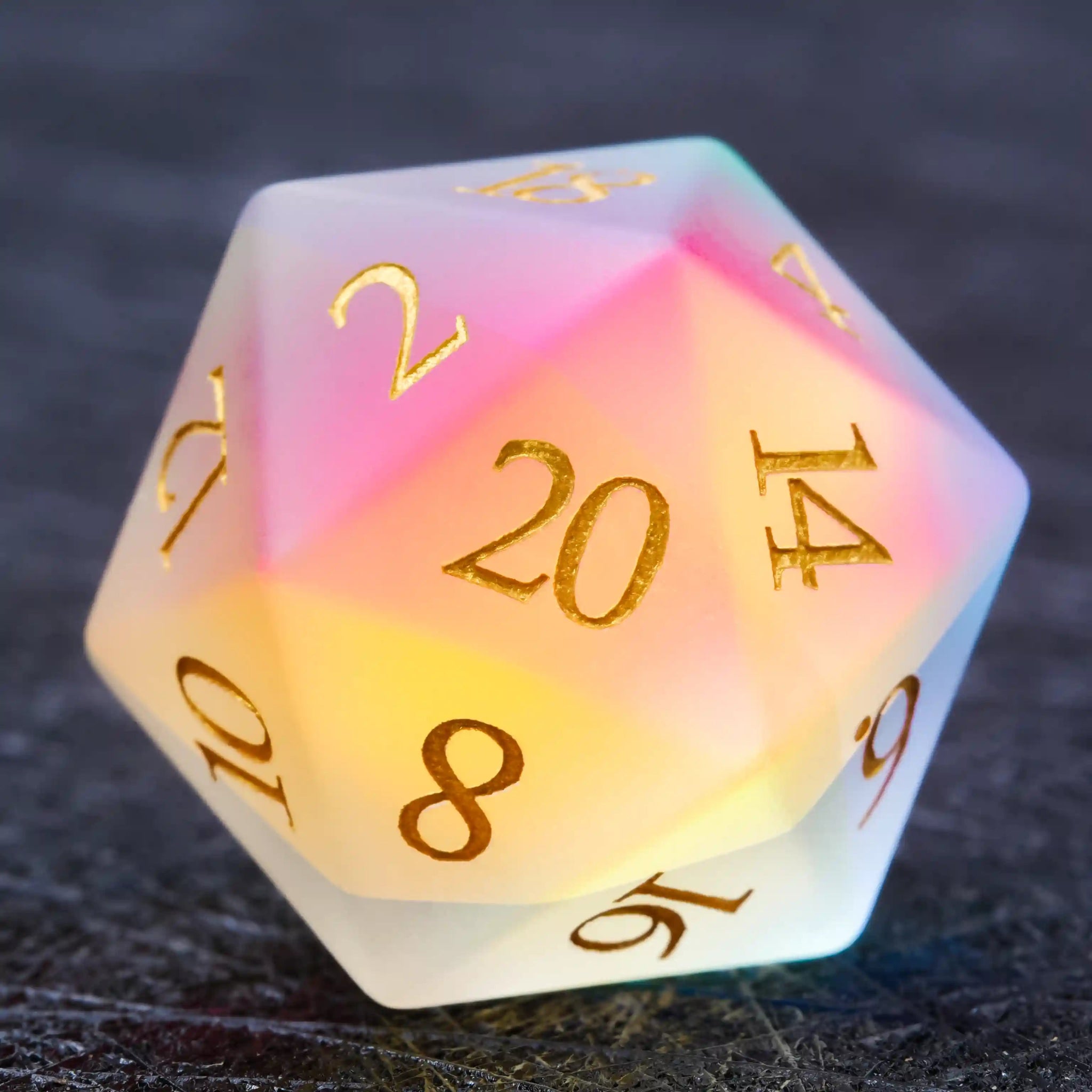 Colorful glass DND dice gem set + gold font - Bear Dice