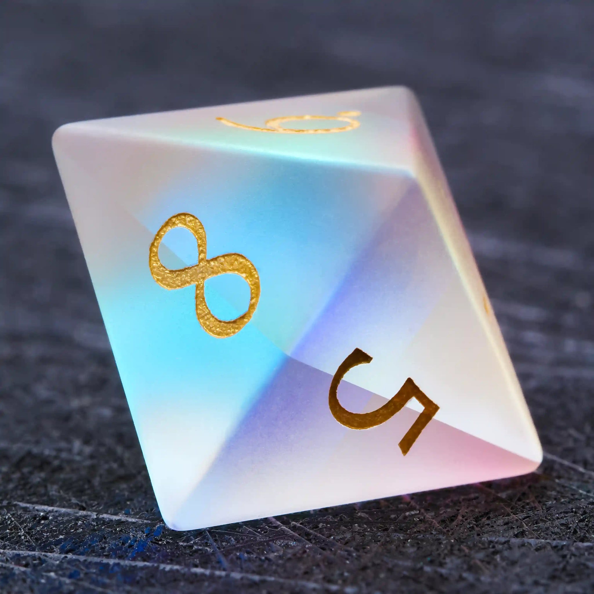 Colorful glass DND dice gem set + gold font - Bear Dice