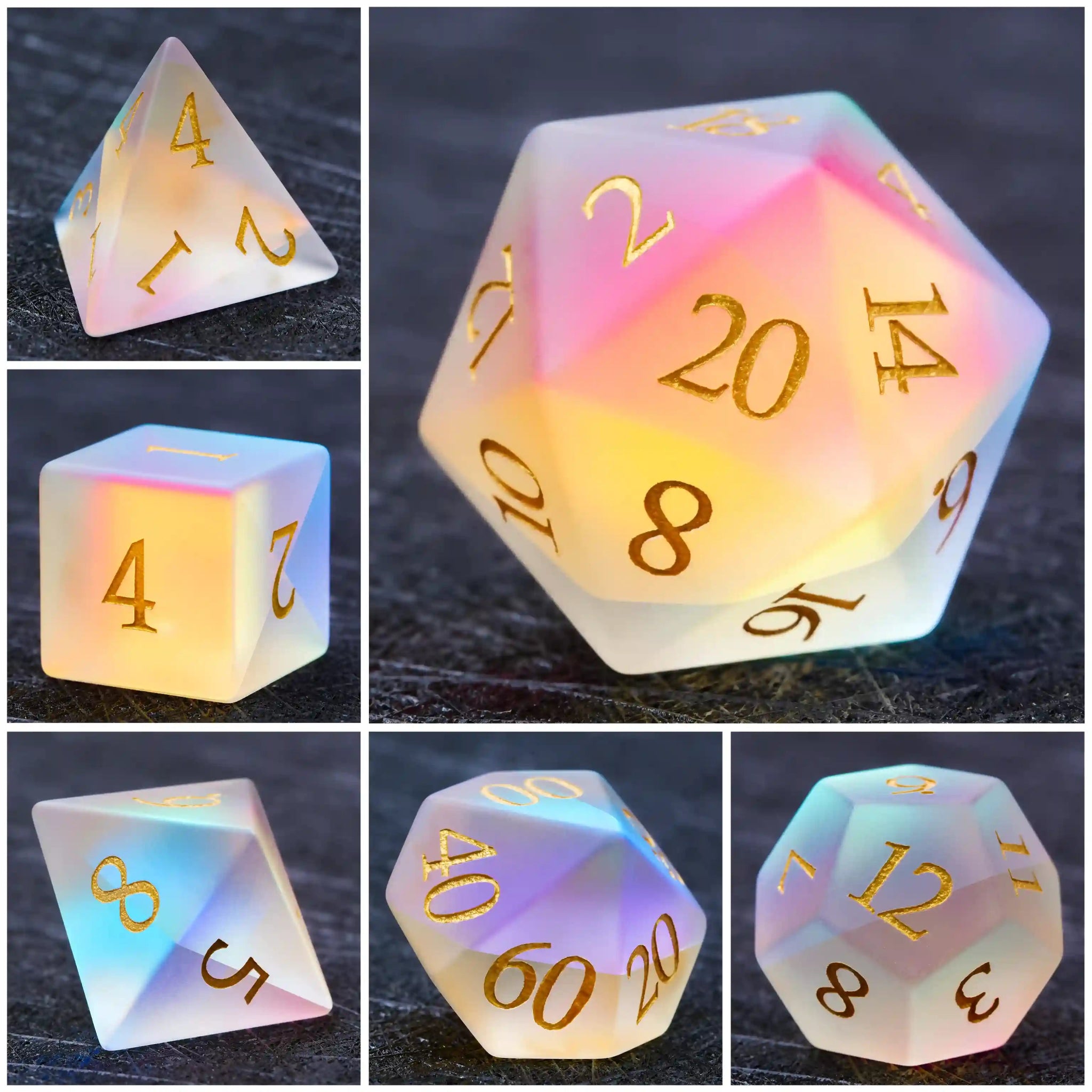 Colorful glass DND dice gem set + gold font - Bear Dice